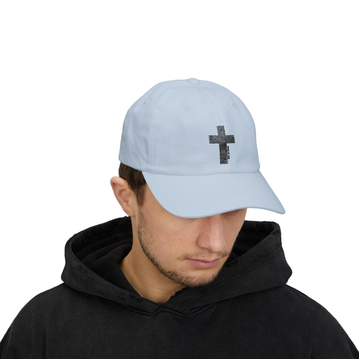 White Dad Cap with Distressed Cross Embroidery – Christian Baseball Hat