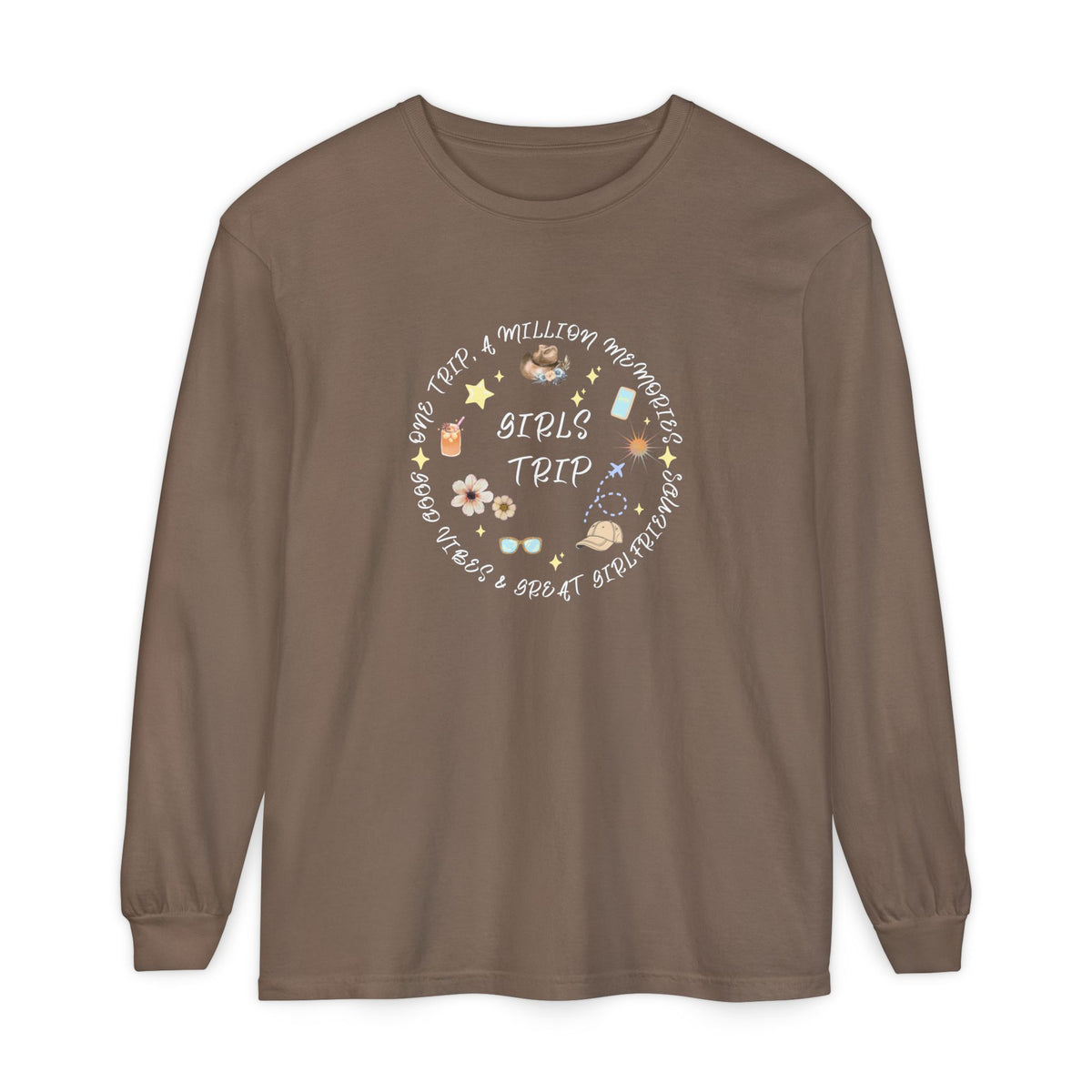 Long Sleeve T‑Shirt — Cute Girls Trip Circle: Sunglasses, Flowers & Sun Vibes