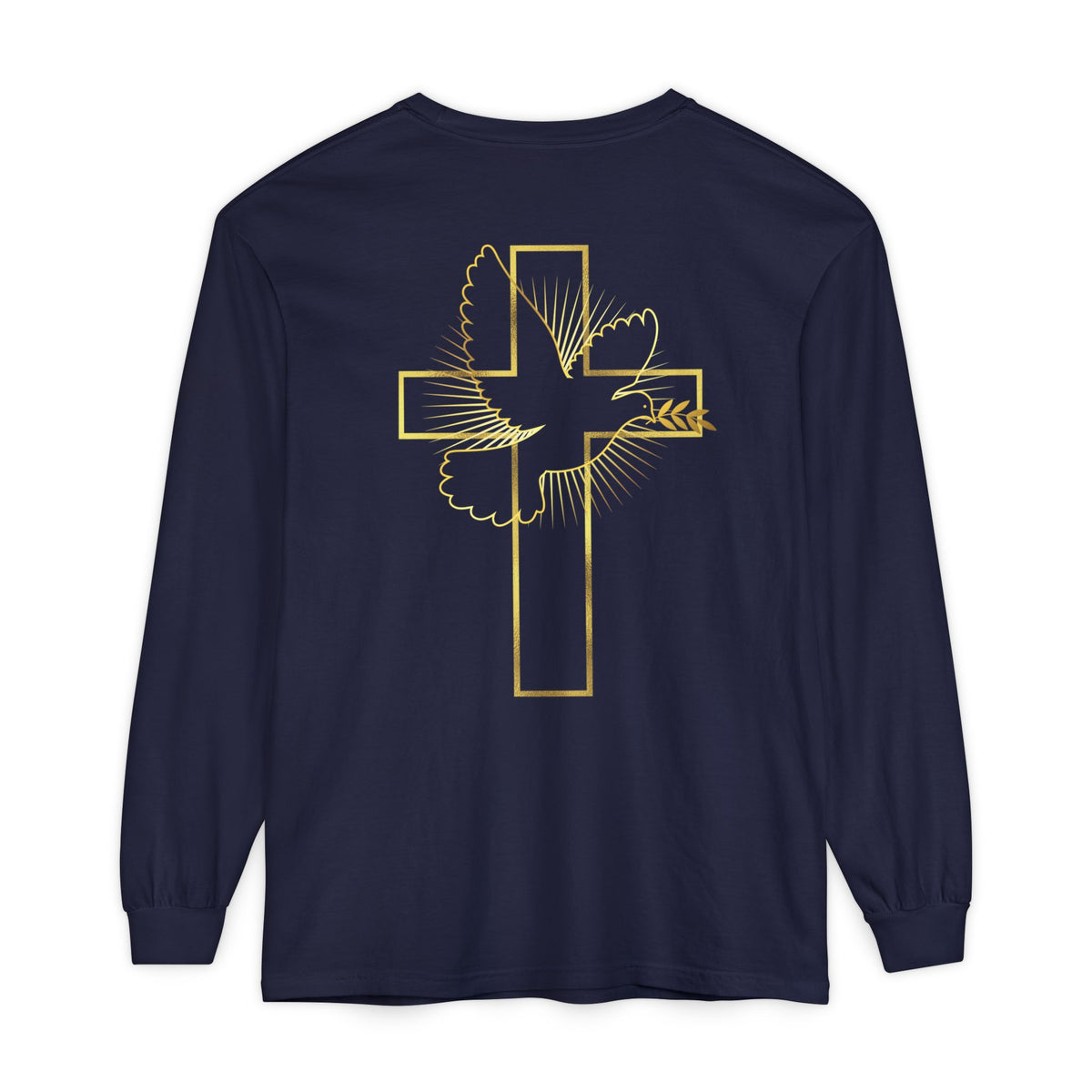 Christian Cross Long Sleeve Tee — Gold Foil Faith Design