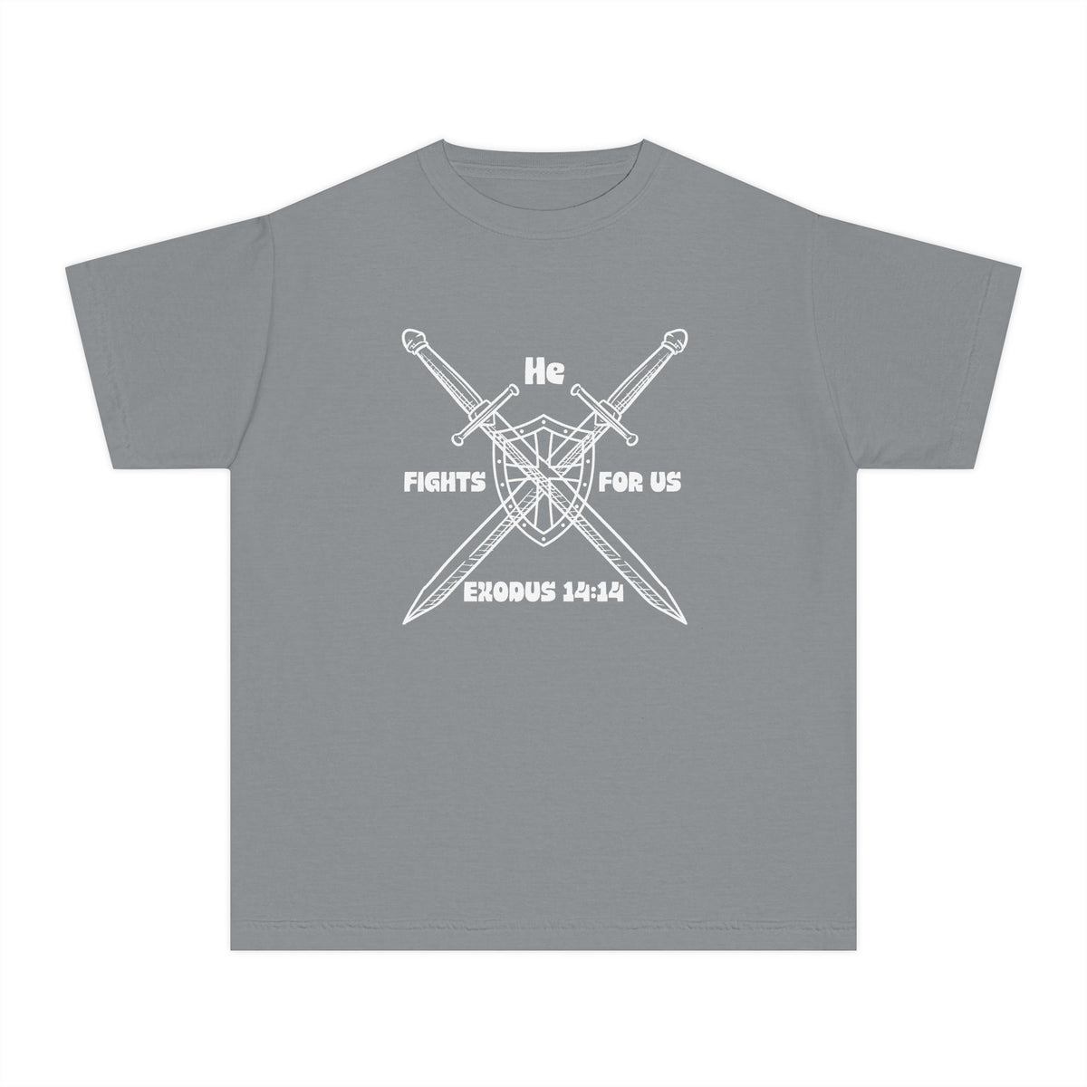 He Fights For Us Christian Youth T-Shirt — Blank White Midweight Tee (Kids')