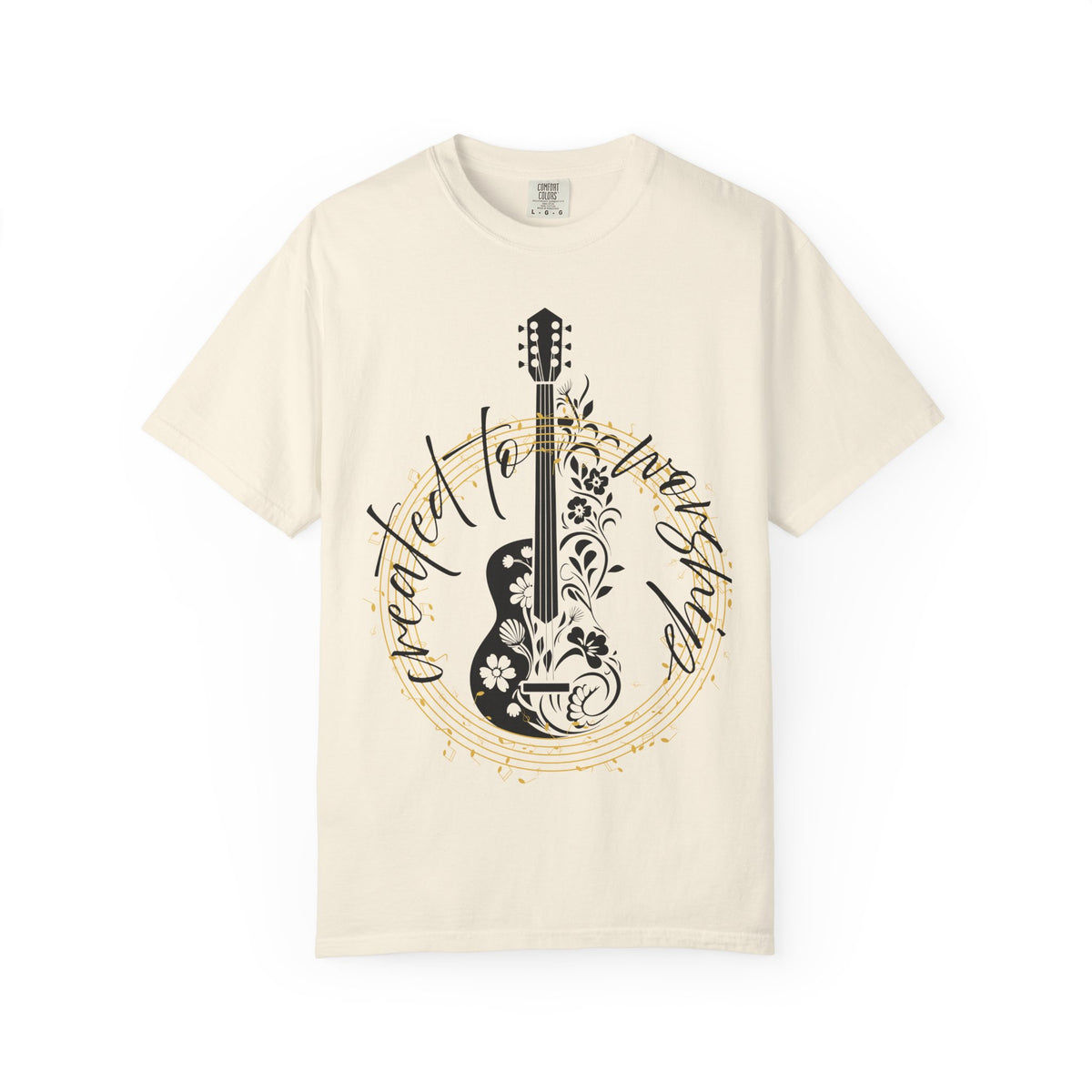 Acoustic Guitar Floral Tee — "Create to Worship" Garment-Dyed T-Shirt