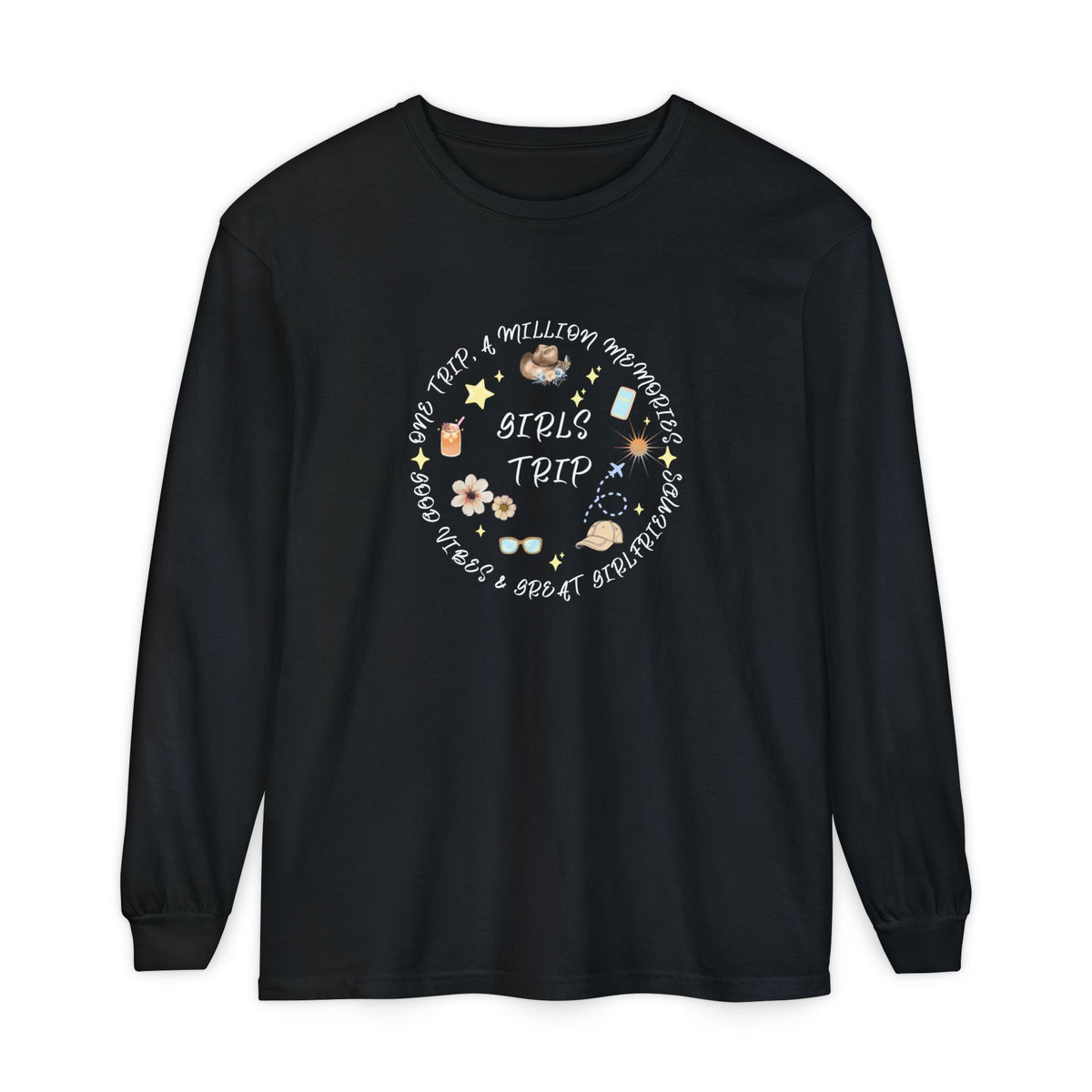 Long Sleeve T‑Shirt — Cute Girls Trip Circle: Sunglasses, Flowers & Sun Vibes