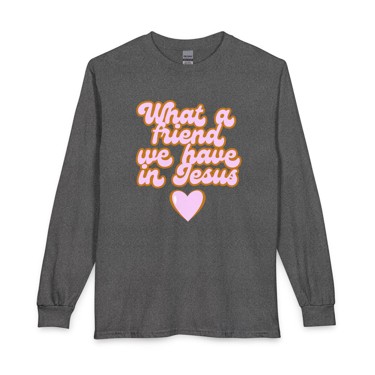 What a Friend We Have in Jesus Long Sleeve Tee — Retro Pink Script Christian Shirt
