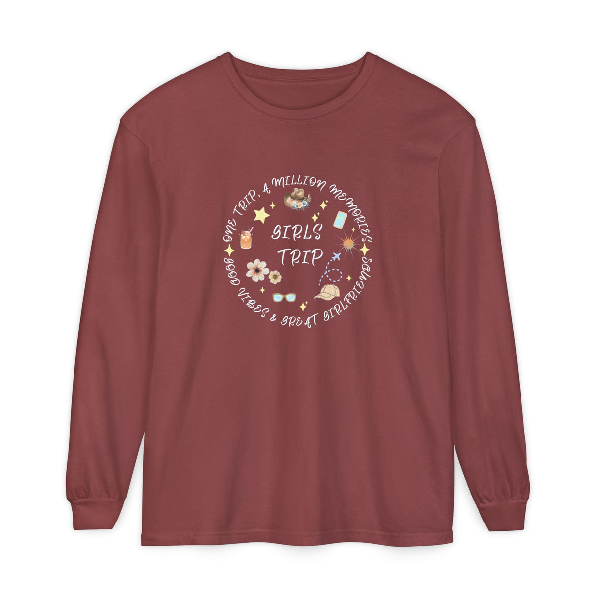 Long Sleeve T‑Shirt — Cute Girls Trip Circle: Sunglasses, Flowers & Sun Vibes