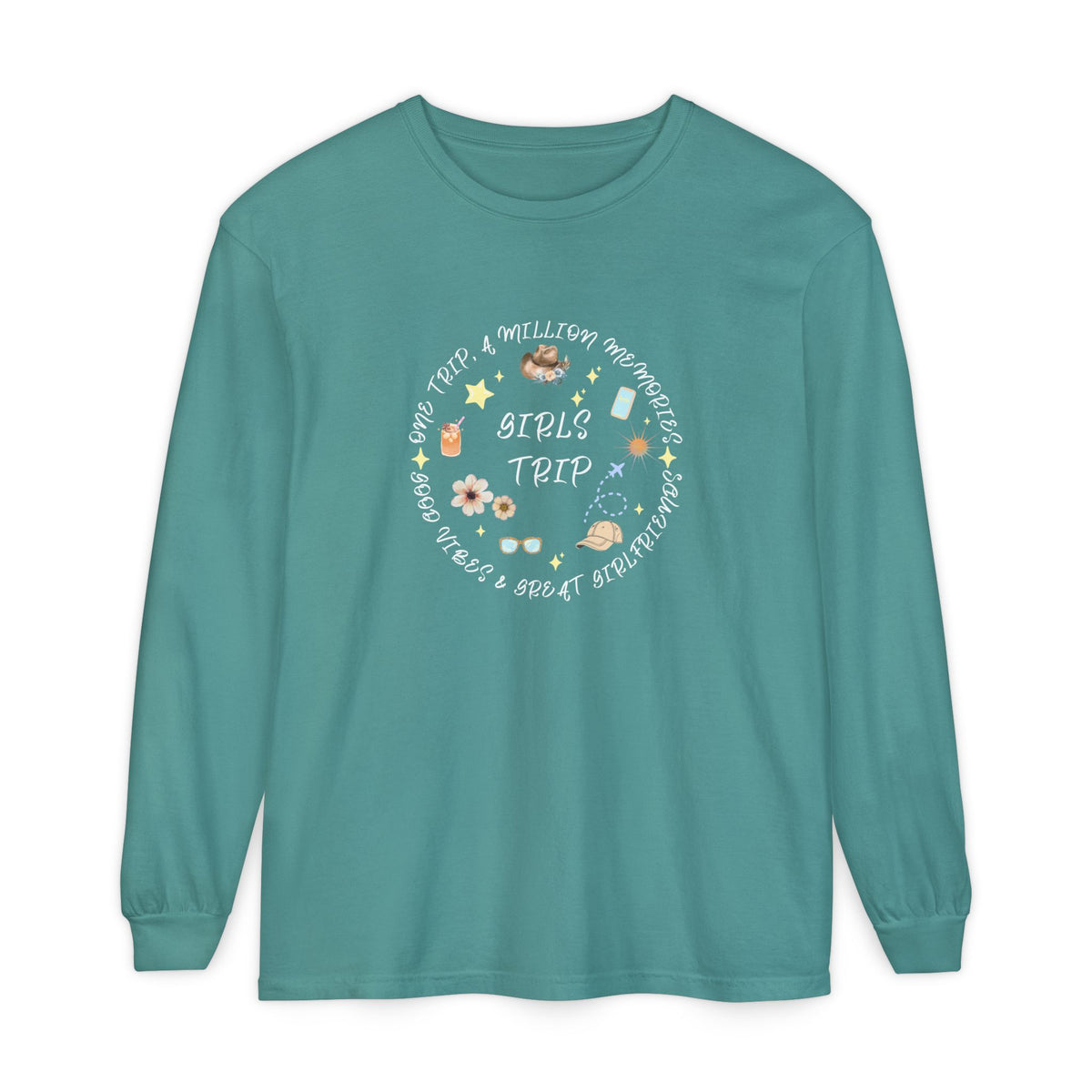 Long Sleeve T‑Shirt — Cute Girls Trip Circle: Sunglasses, Flowers & Sun Vibes