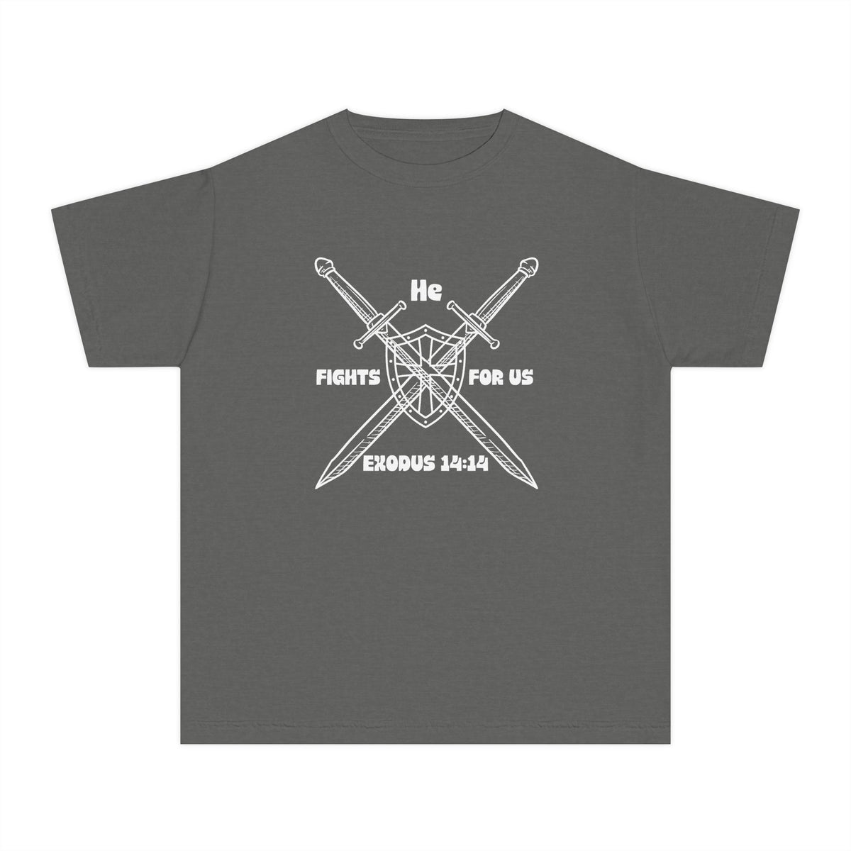 He Fights For Us Christian Youth T-Shirt — Blank White Midweight Tee (Kids')