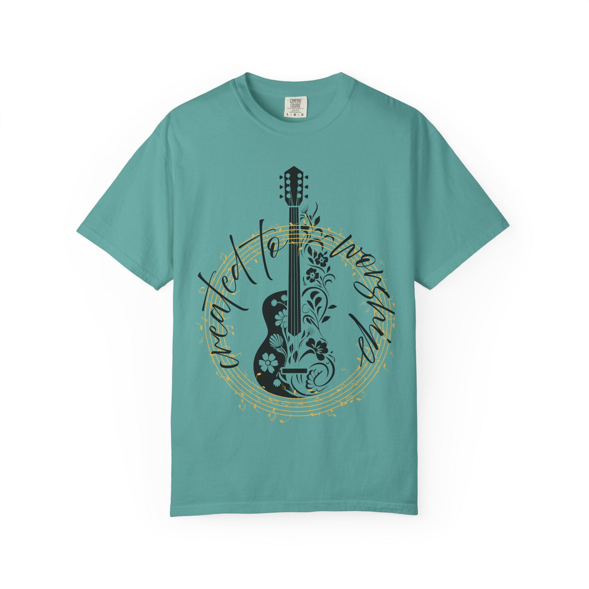 Acoustic Guitar Floral Tee — "Create to Worship" Garment-Dyed T-Shirt