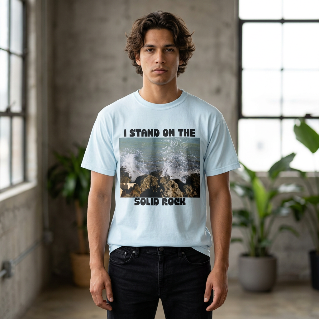 I Stand on the Solid Rock T-Shirt — Inspirational Coastal Faith Graphic Tee