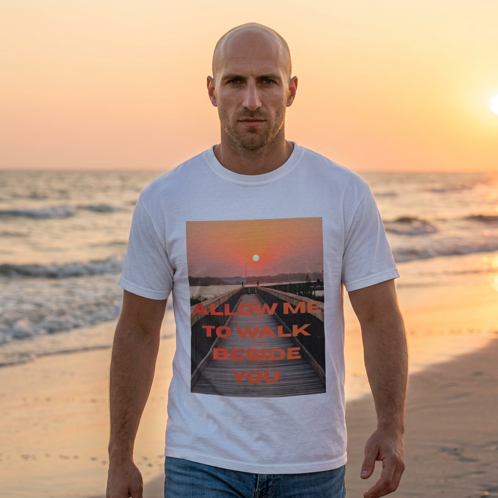 Sunset Boardwalk T‑Shirt — "Allow Me to Walk Beside You" Graphic Tee