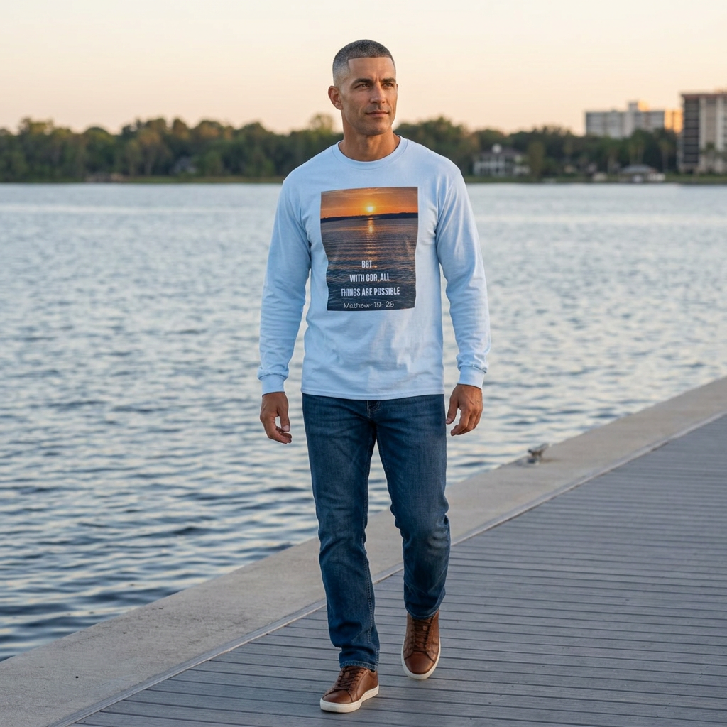 Sunset Faith Long Sleeve Tee — "With God All Things Are Possible" Inspirational Christian Shirt