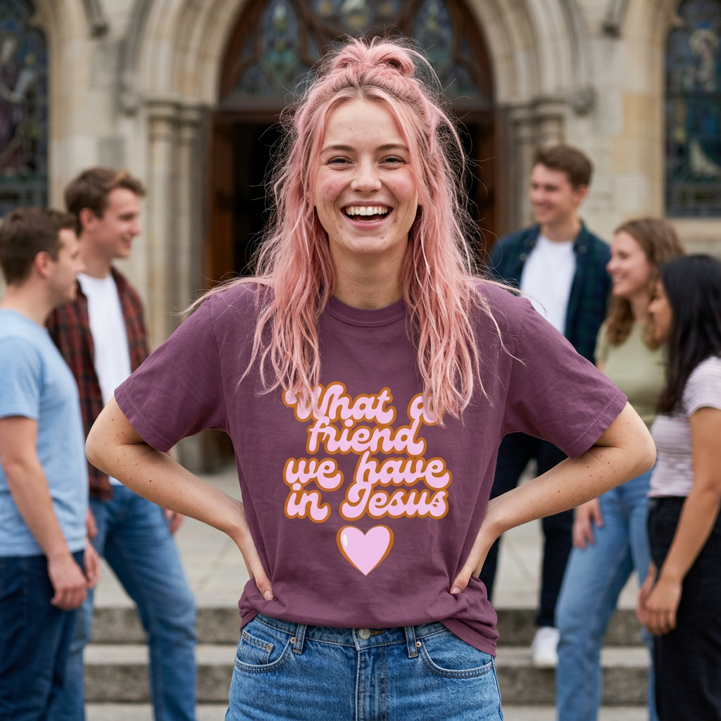 What a Friend We Have in Jesus T-Shirt — Retro Pink Heart Christian Tee