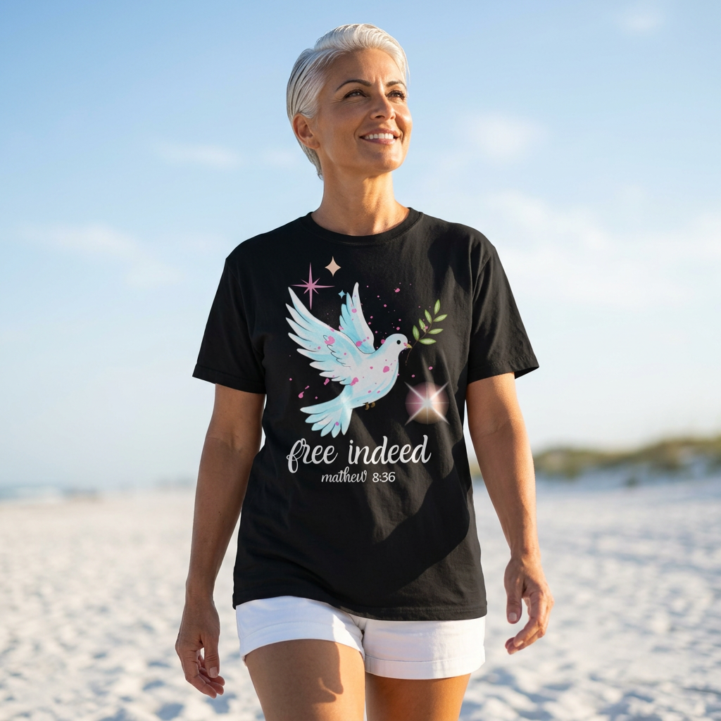 Dove 'Free Indeed' T‑Shirt — Matthew 8:36 Christian Tee