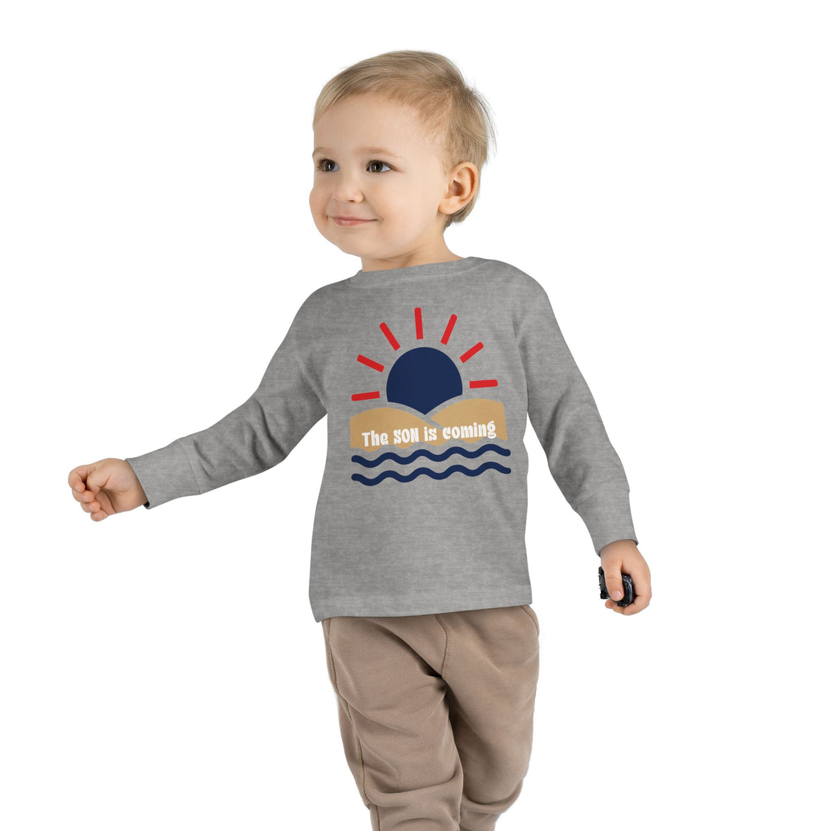 Toddler Long Sleeve Tee — "The Sun Is Coming" Sunset Waves Graphic
