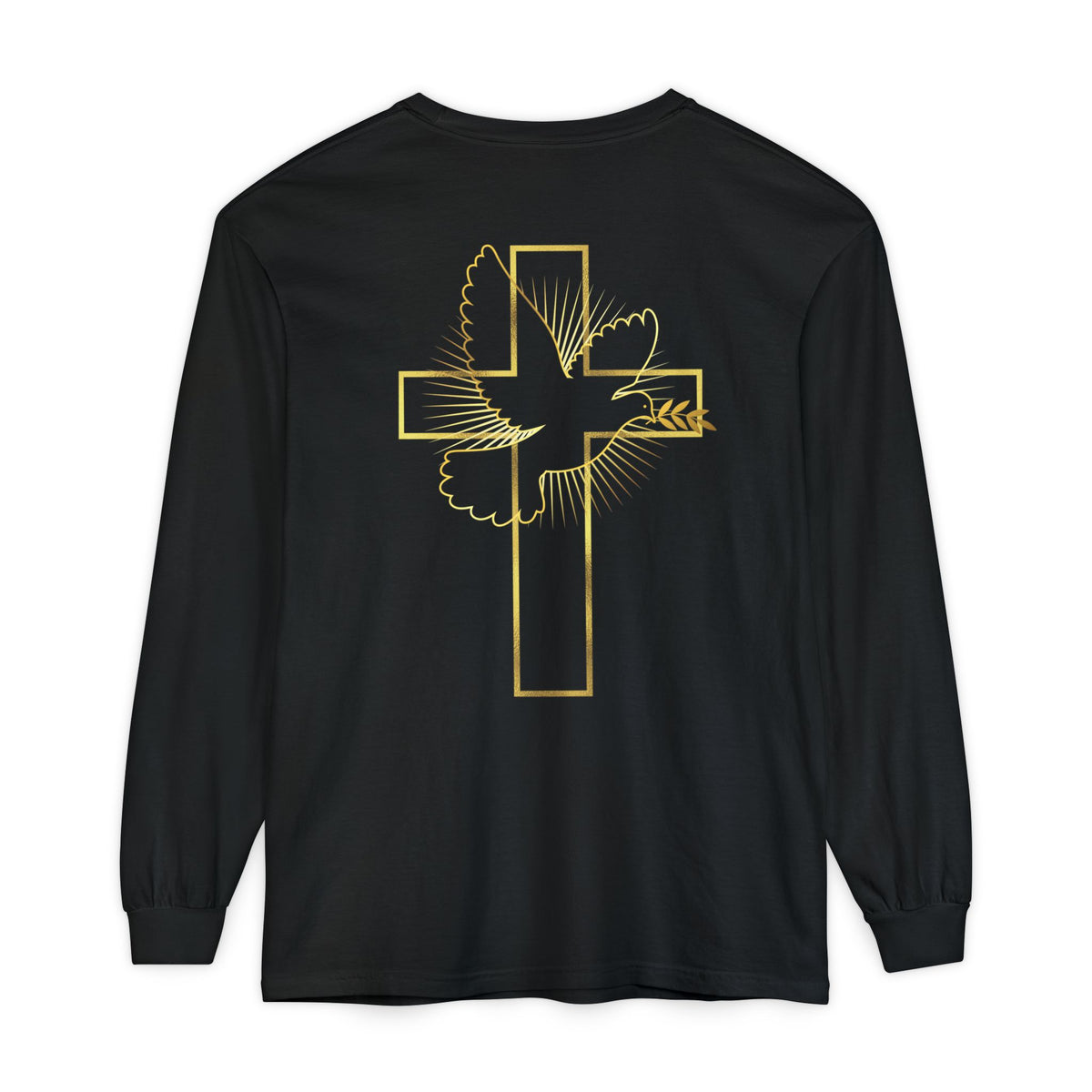 Christian Cross Long Sleeve Tee — Gold Foil Faith Design