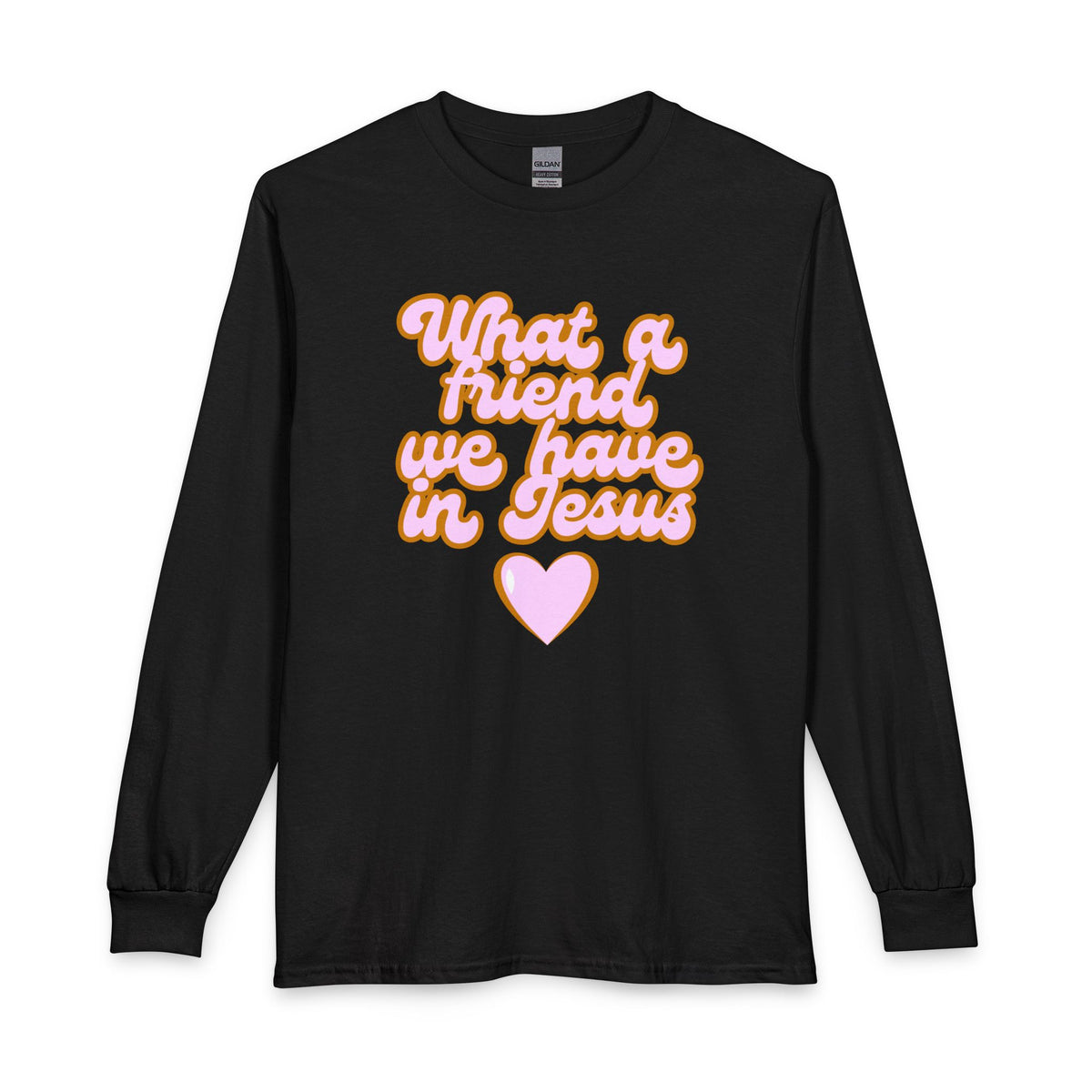 What a Friend We Have in Jesus Long Sleeve Tee — Retro Pink Script Christian Shirt