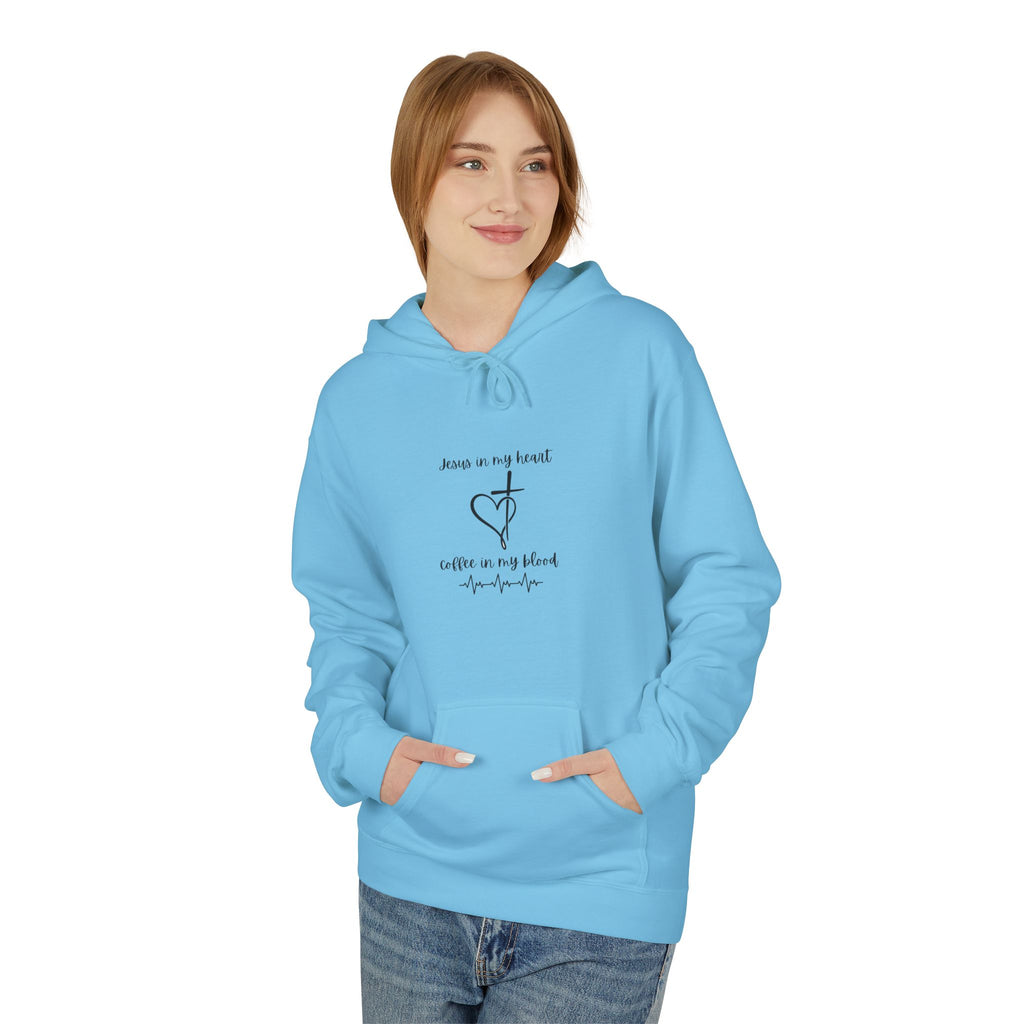 Minimalist Cross & Heart Hoodie — 'Jesus in my heart, coffee in my blood' Christian Faith Pullover