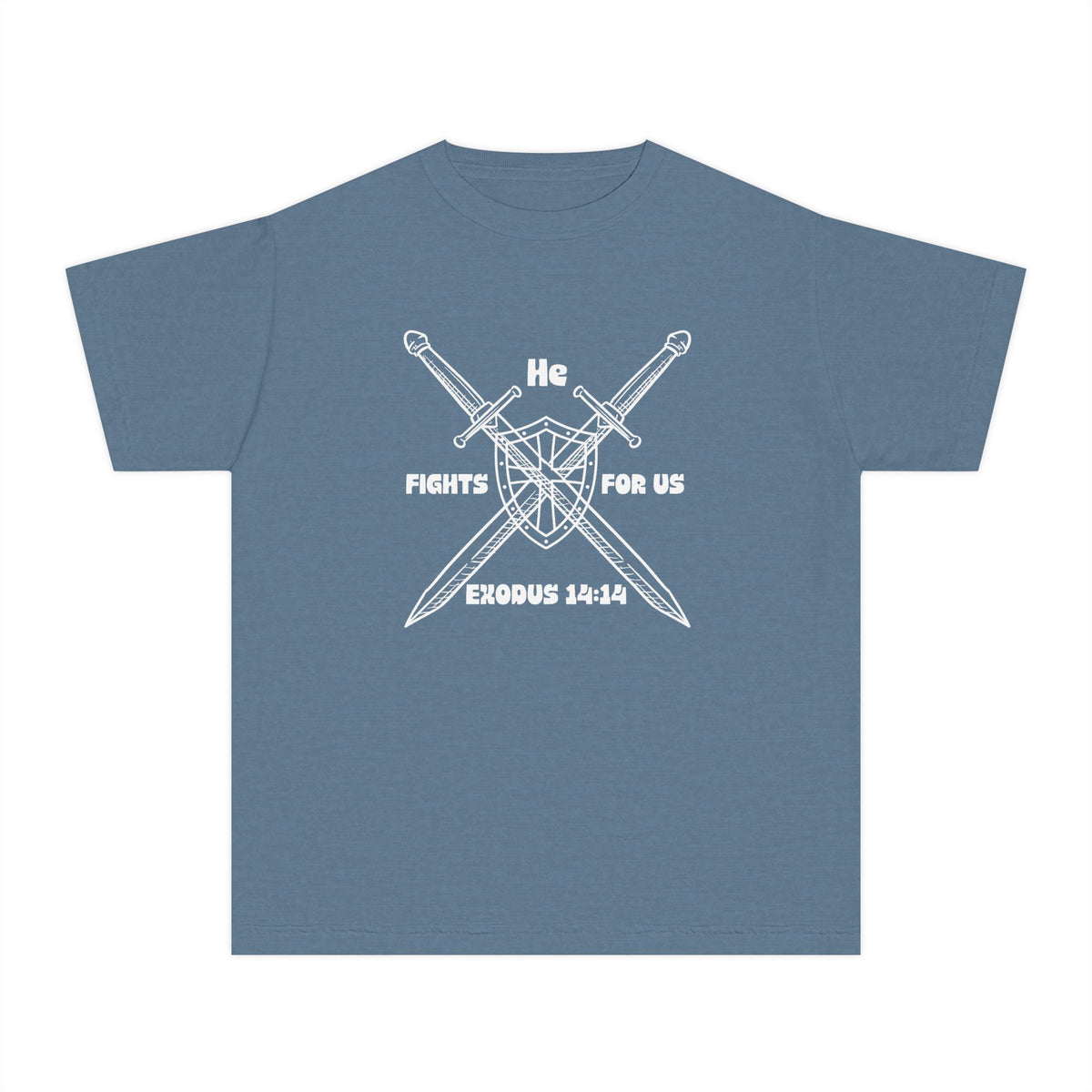 He Fights For Us Christian Youth T-Shirt — Blank White Midweight Tee (Kids')