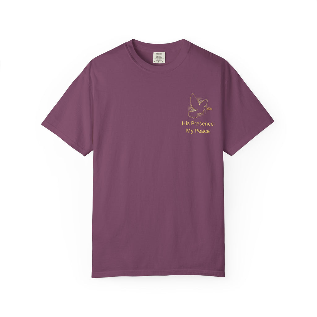 Christian Dove Cross T-Shirt — "His Presence My Peace" Garment-Dyed Tee