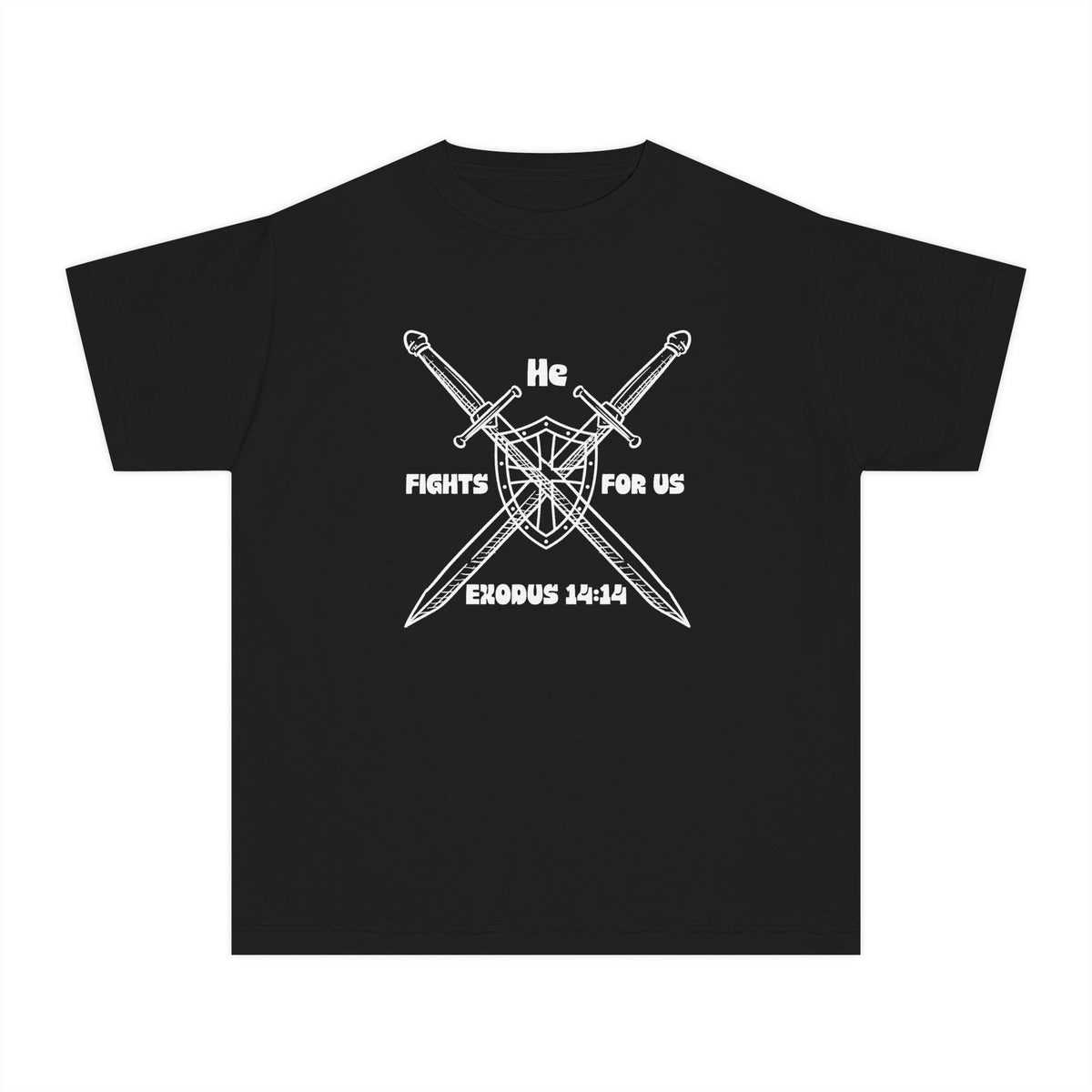 He Fights For Us Christian Youth T-Shirt — Blank White Midweight Tee (Kids')