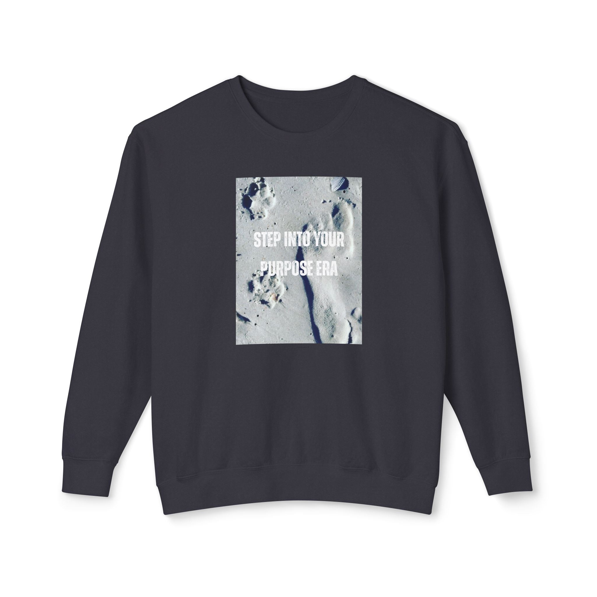 Crewneck Sweatshirt — "Step Into Your Purpose Era" Inspirational Beach Footprints Design