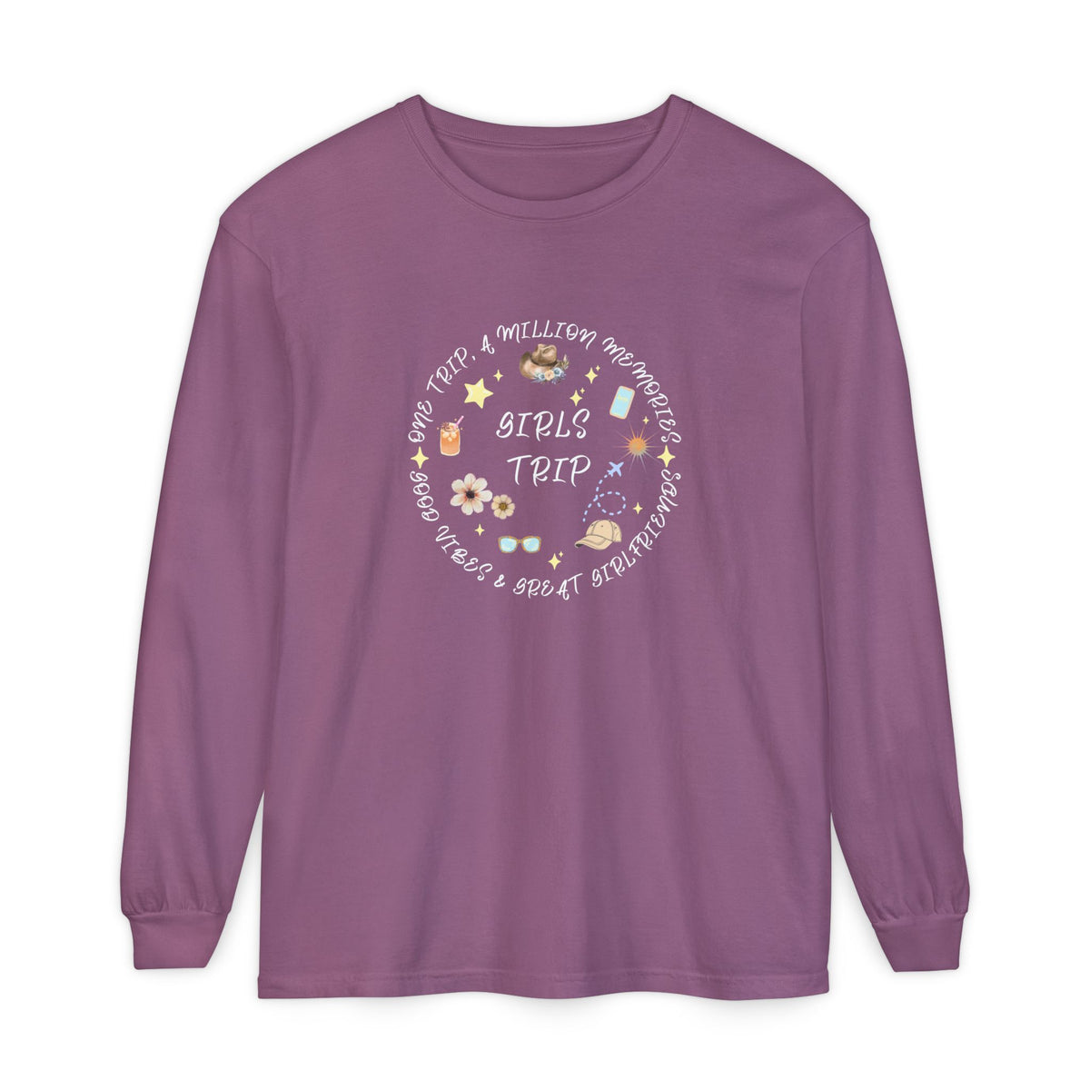 Long Sleeve T‑Shirt — Cute Girls Trip Circle: Sunglasses, Flowers & Sun Vibes