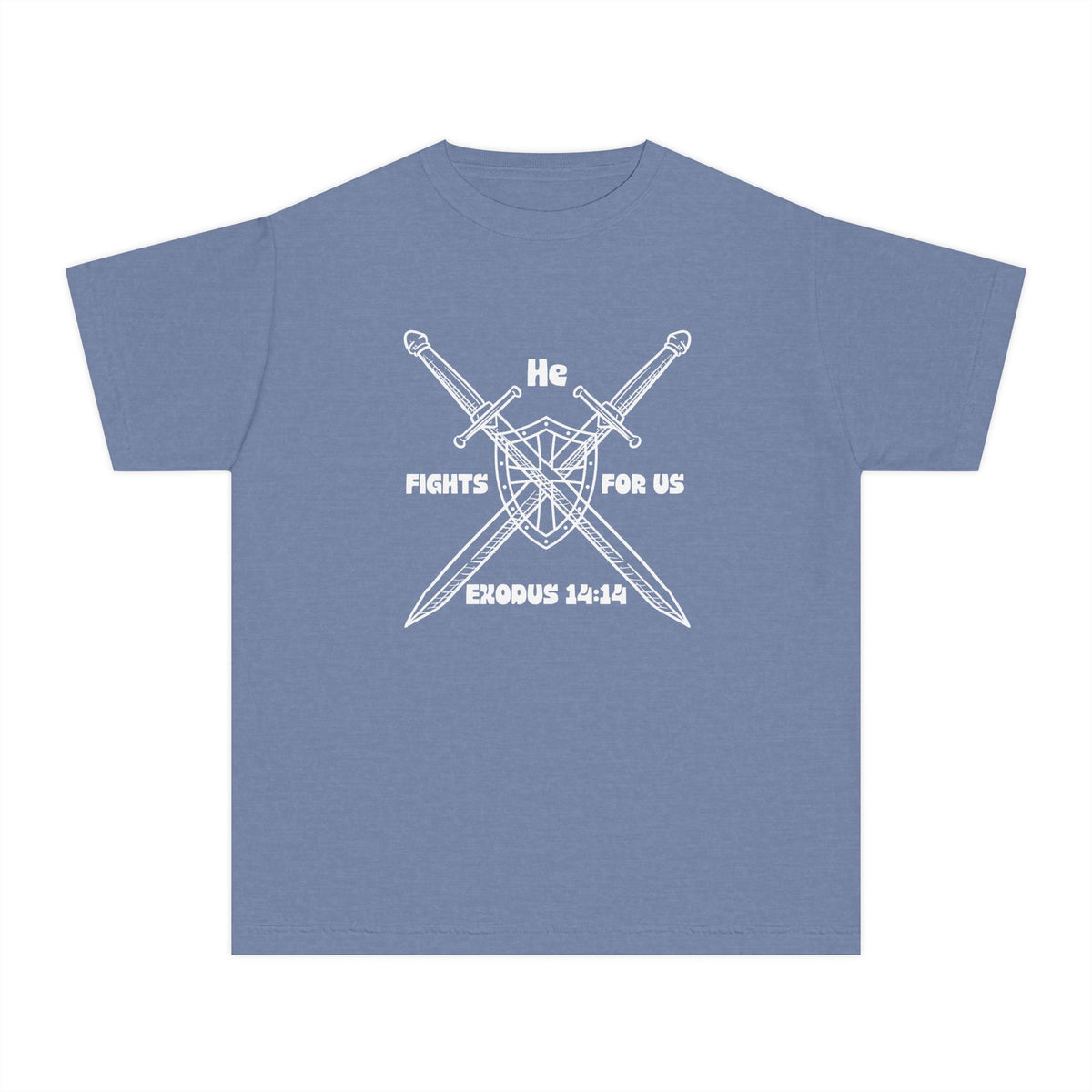 He Fights For Us Christian Youth T-Shirt — Blank White Midweight Tee (Kids')