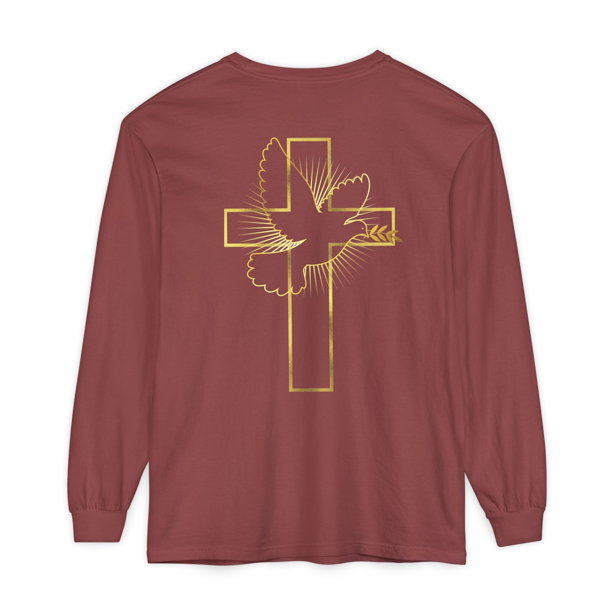 Christian Cross Long Sleeve Tee — Gold Foil Faith Design