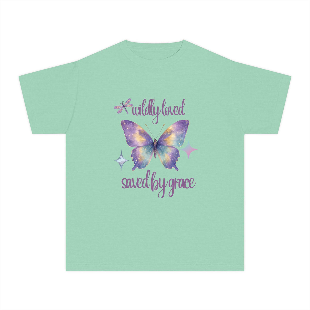 Youth Butterfly Tee — "Wildly Loved, Saved by Grace" Christian Graphic Shirt