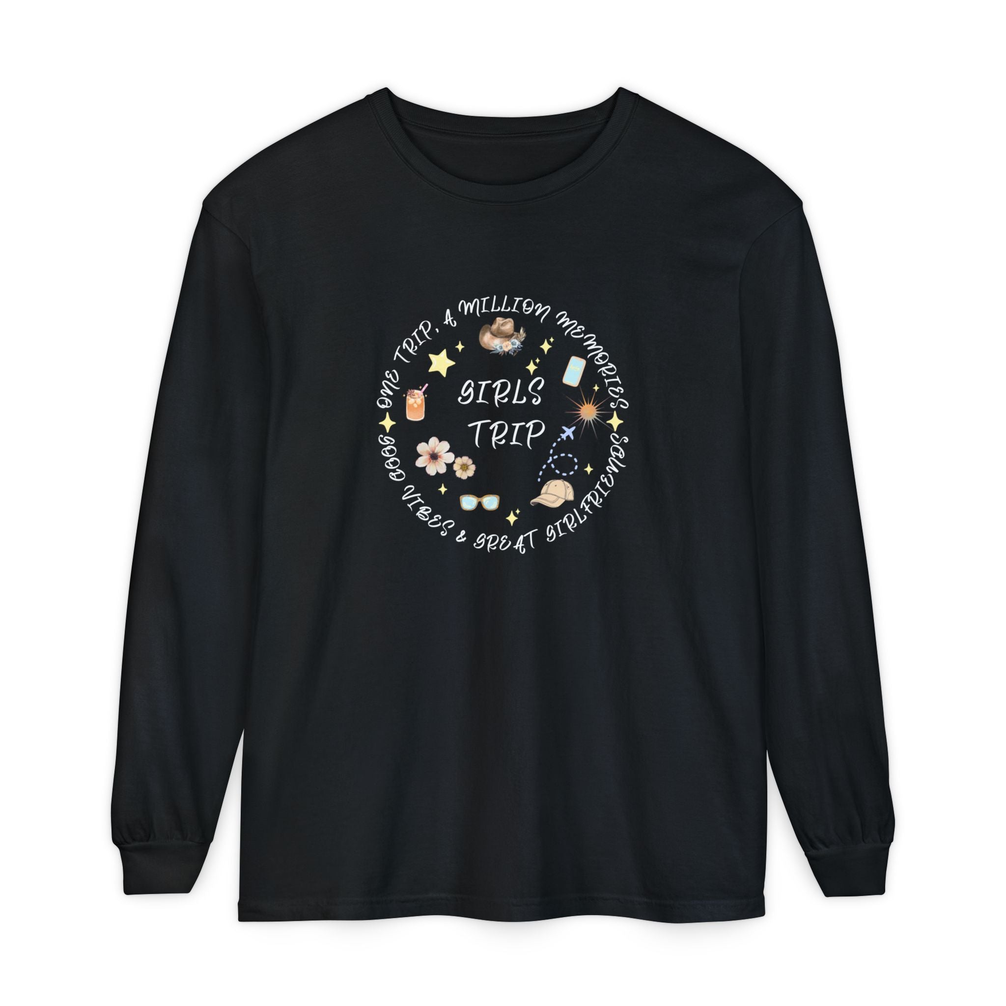 Long Sleeve T‑Shirt — Cute Summer Icons Circle: Sunglasses, Flowers & Sun Vibes