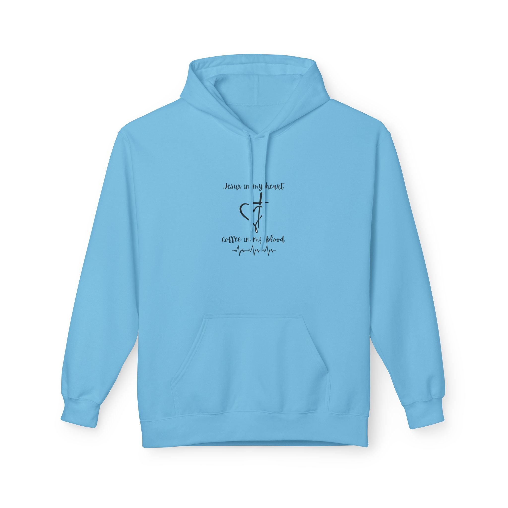 Minimalist Cross & Heart Hoodie — 'Jesus in my heart, coffee in my blood' Christian Faith Pullover