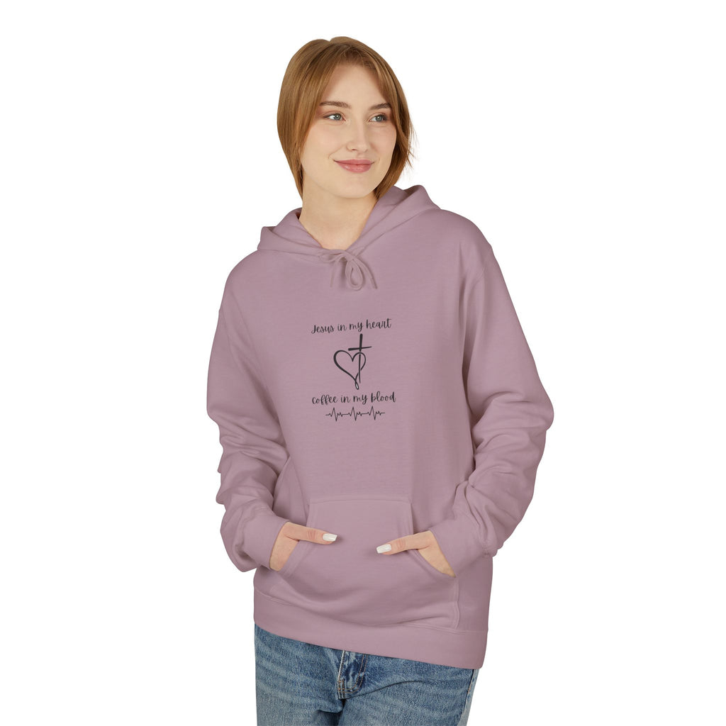 Minimalist Cross & Heart Hoodie — 'Jesus in my heart, coffee in my blood' Christian Faith Pullover