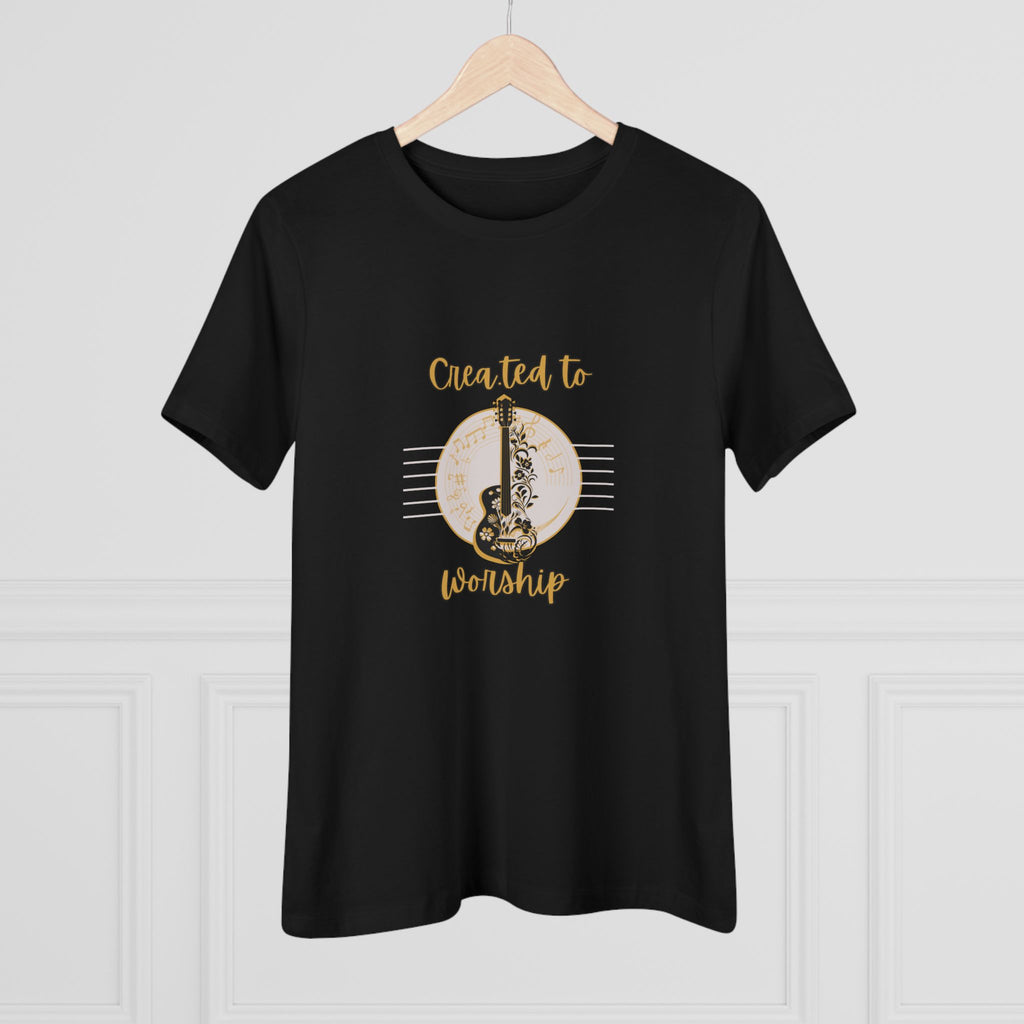 Women's Tee — "Created to Worship" Floral Guitar Christian Music Shirt