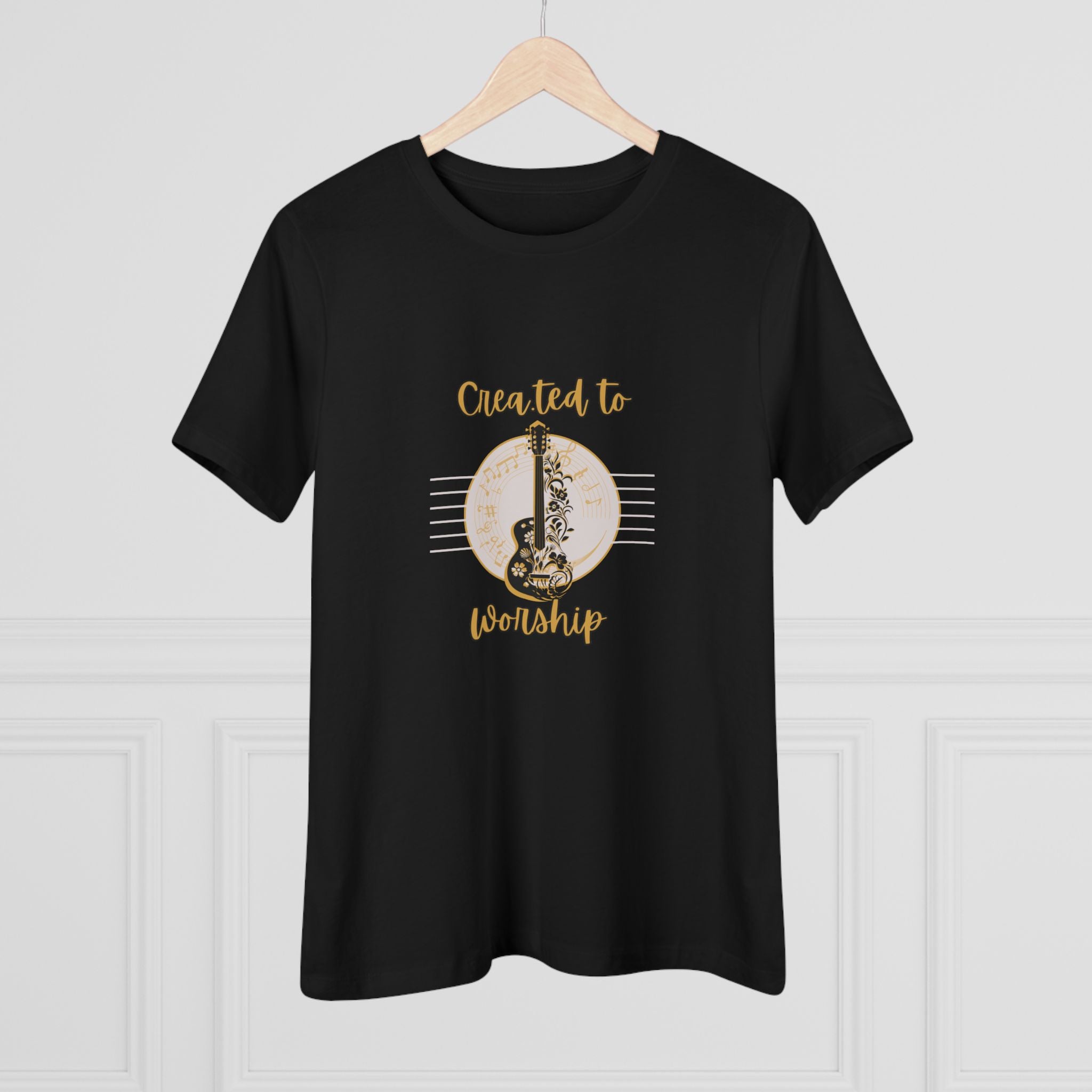 Women's Tee — "Created to Worship" Floral Guitar Christian Music Shirt