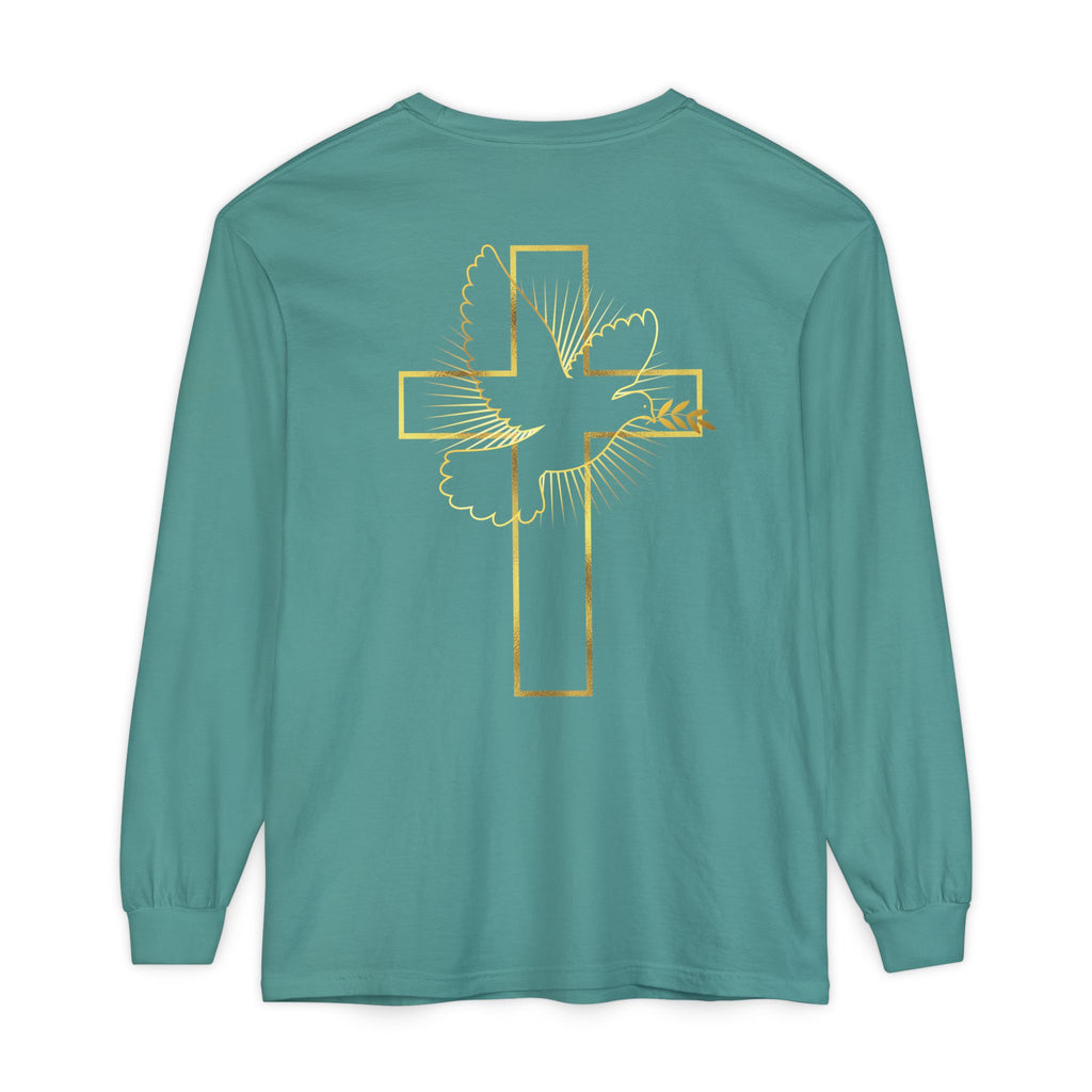 Christian Cross Long Sleeve Tee — Gold Foil Faith Design