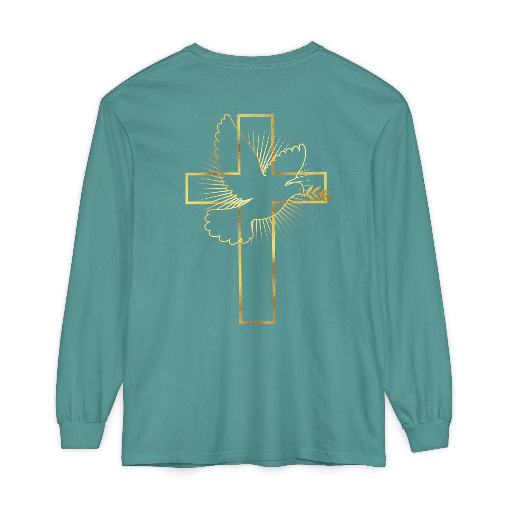 Christian Cross Long Sleeve Tee — Gold Foil Faith Design