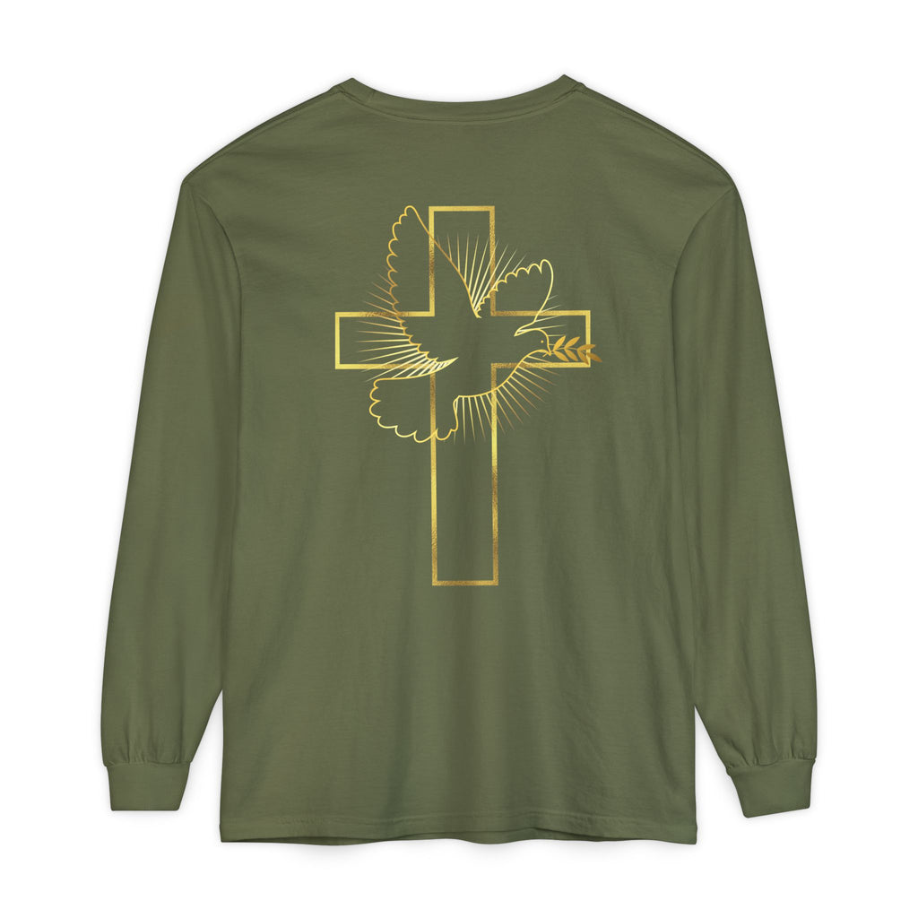 Christian Cross Long Sleeve Tee — Gold Foil Faith Design