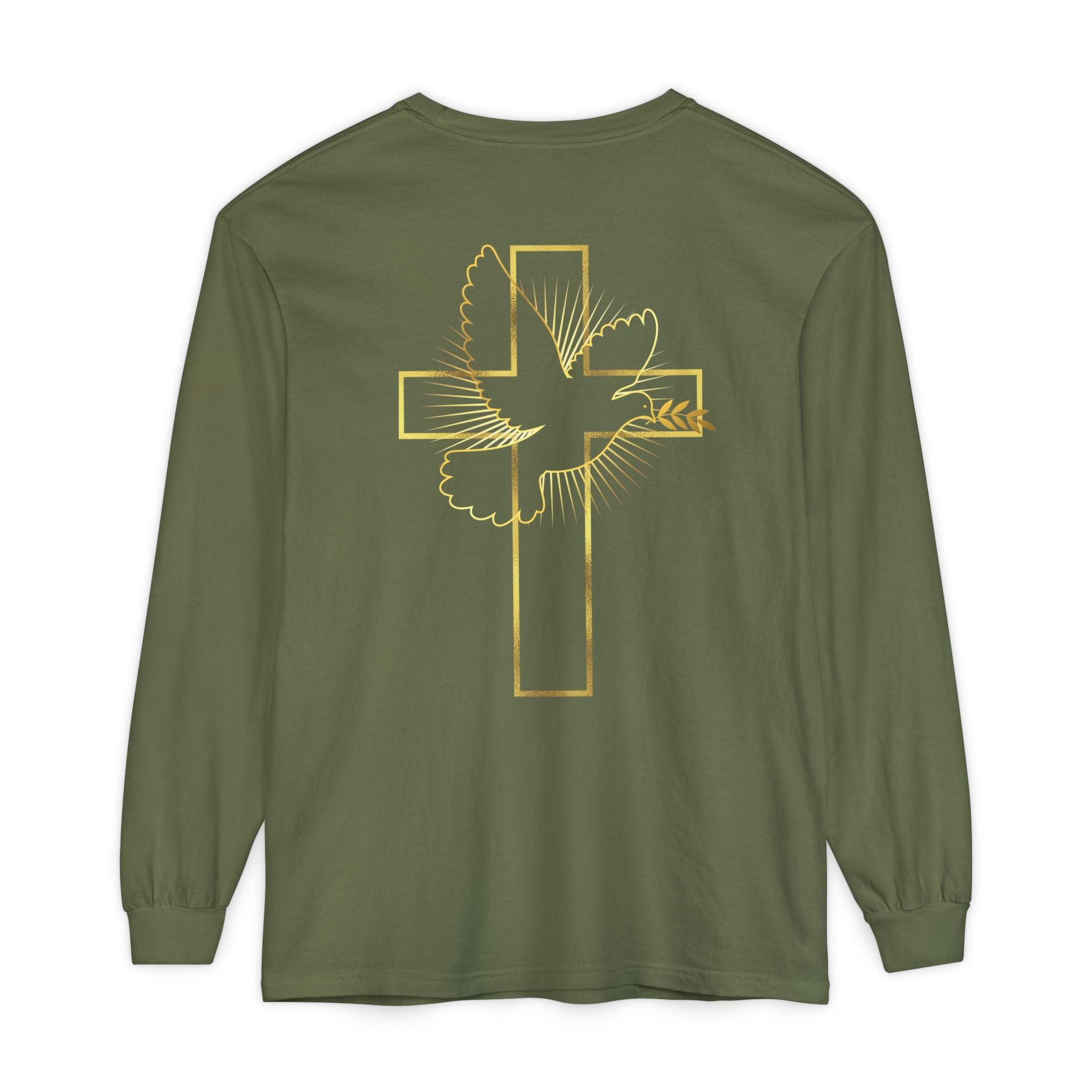 Christian Cross Long Sleeve Tee — Gold Foil Faith Design