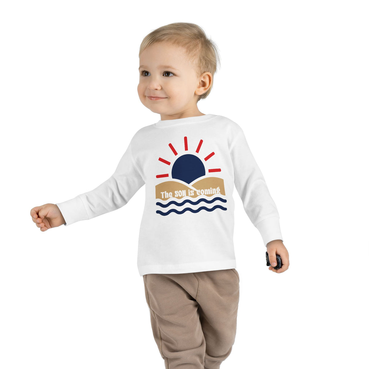 Toddler Long Sleeve Tee — "The Sun Is Coming" Sunset Waves Graphic