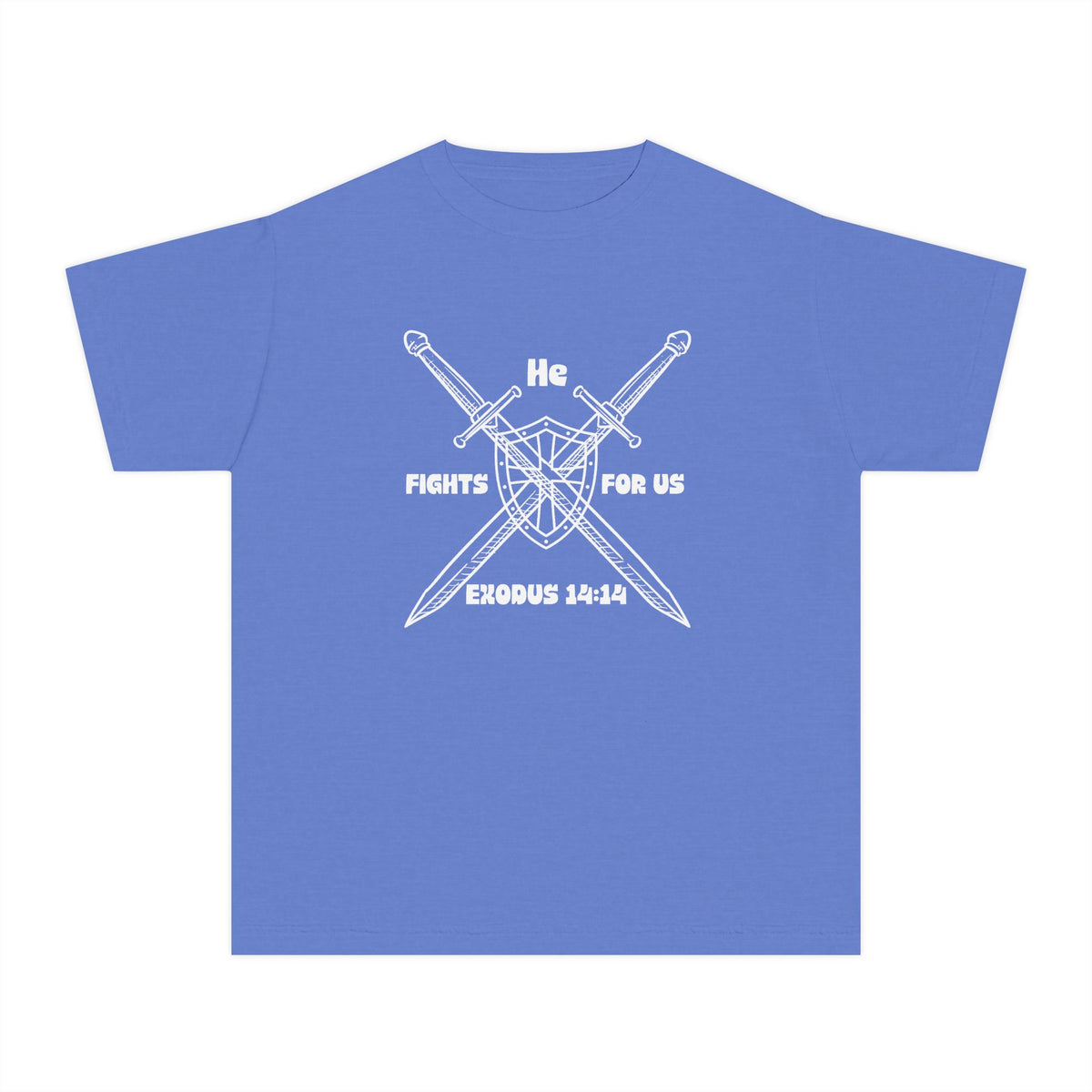 He Fights For Us Christian Youth T-Shirt — Blank White Midweight Tee (Kids')