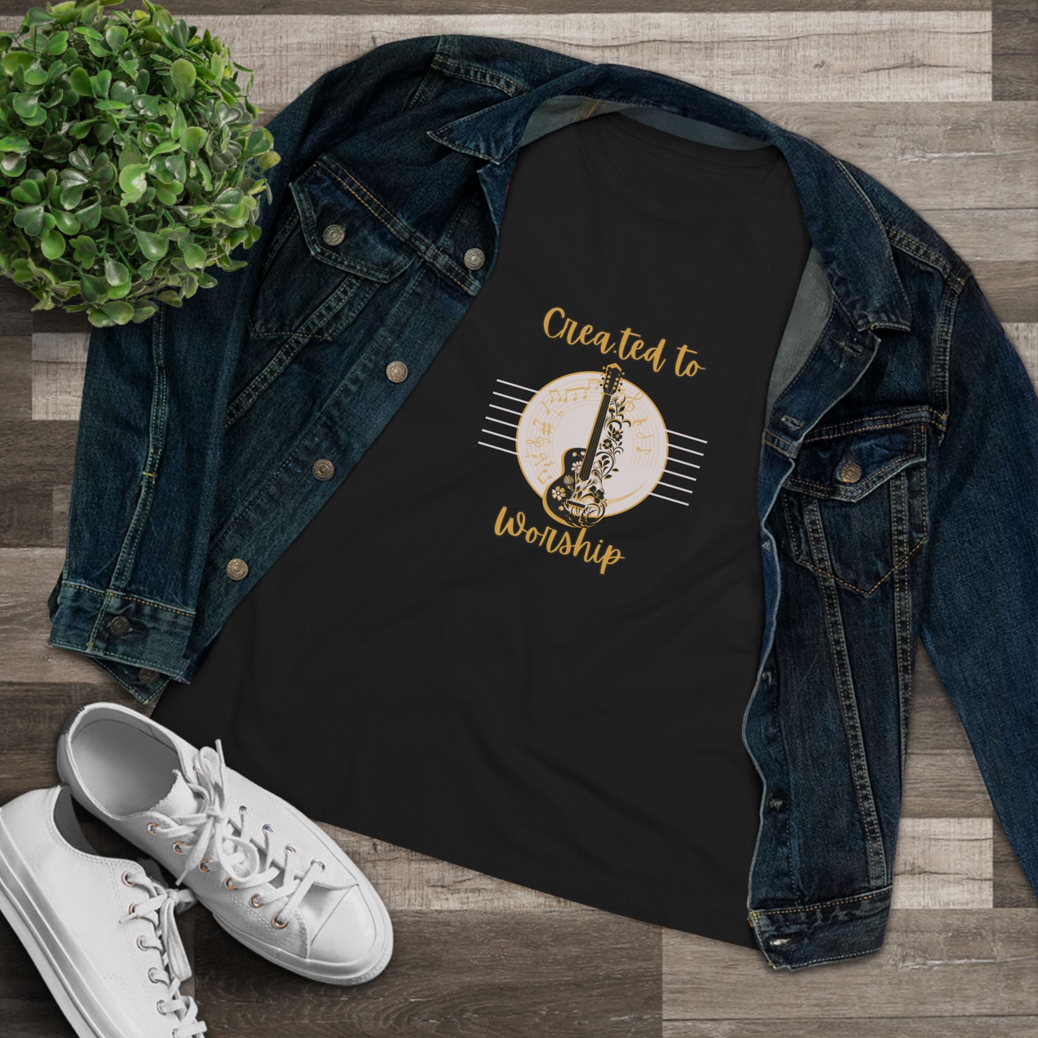 Women's Tee — "Created to Worship" Floral Guitar Christian Music Shirt