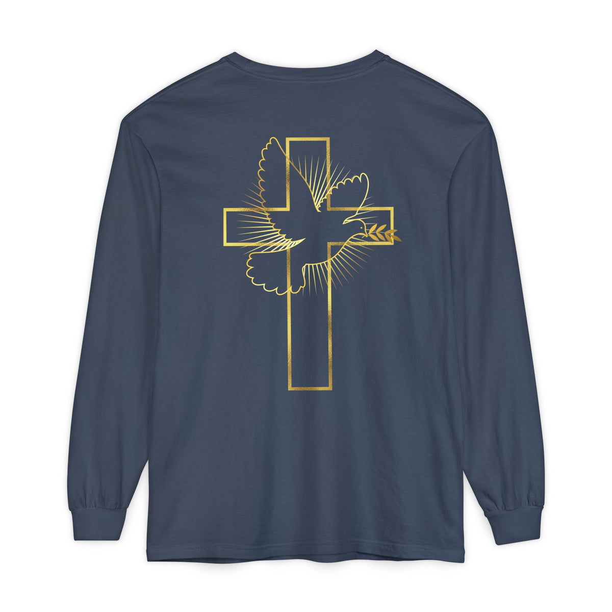 Christian Cross Long Sleeve Tee — Gold Foil Faith Design