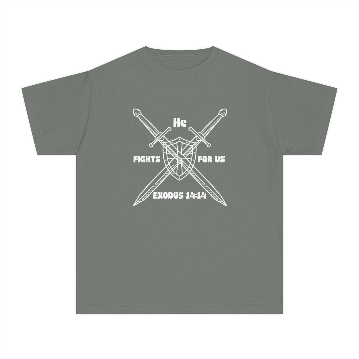 He Fights For Us Christian Youth T-Shirt — Blank White Midweight Tee (Kids')