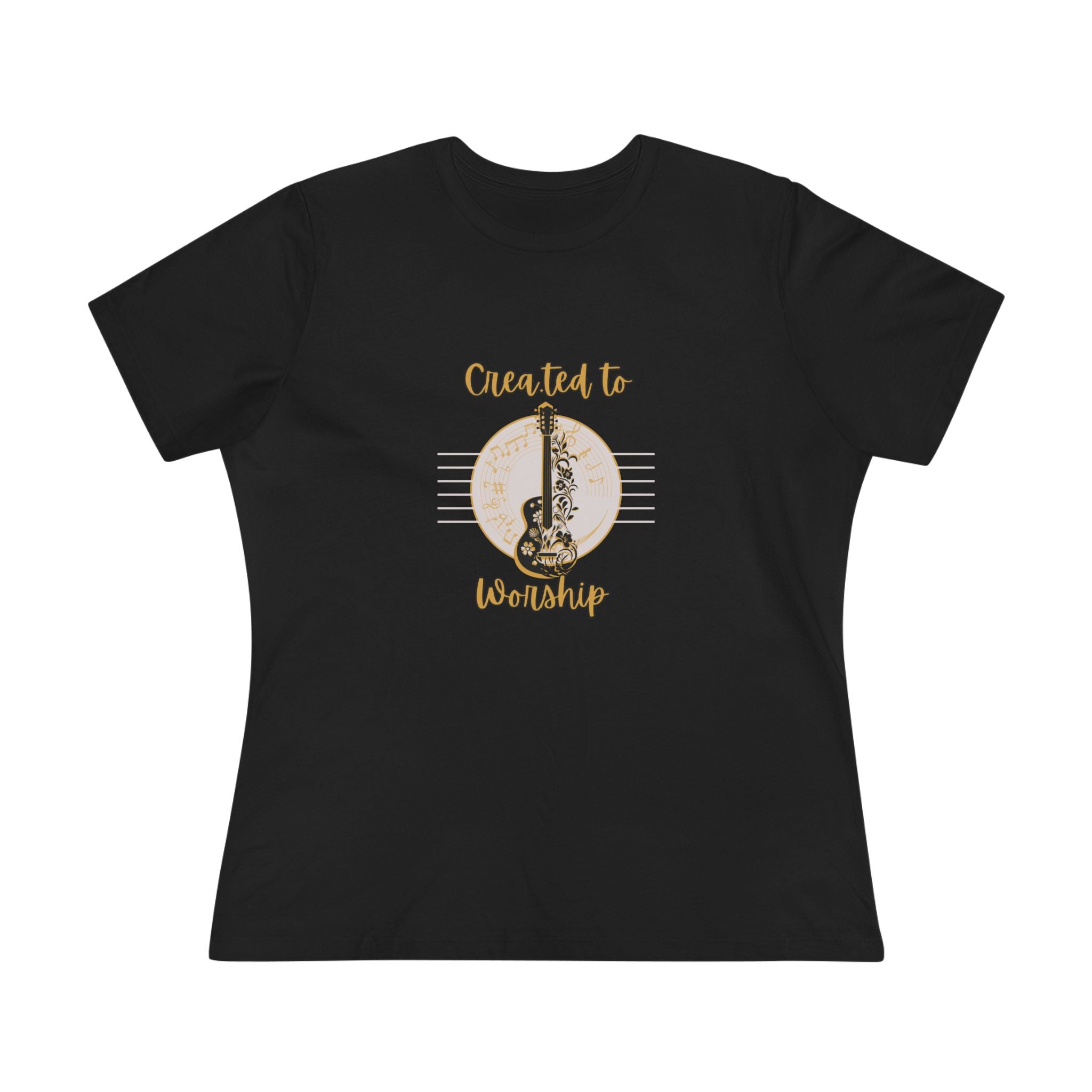 Women's Tee — "Created to Worship" Floral Guitar Christian Music Shirt