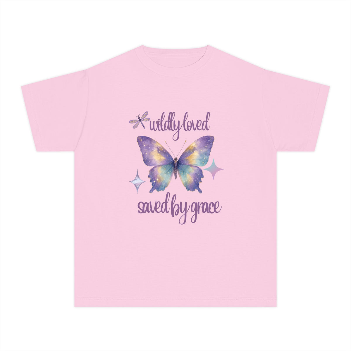 Youth Butterfly Tee — "Wildly Loved, Saved by Grace" Christian Graphic Shirt