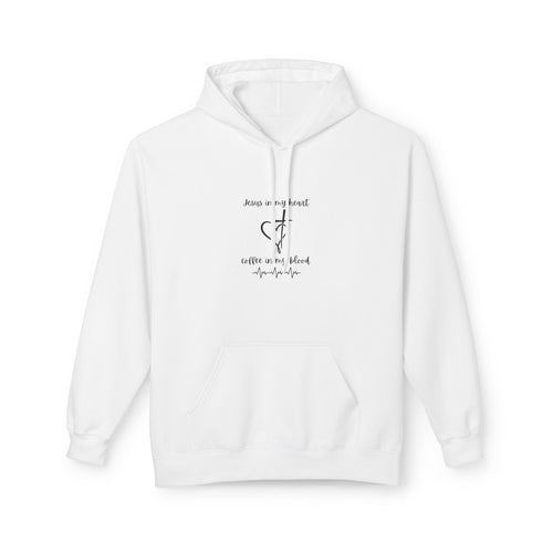 Minimalist Cross & Heart Hoodie — 'Jesus in my heart, coffee in my blood' Christian Faith Pullover