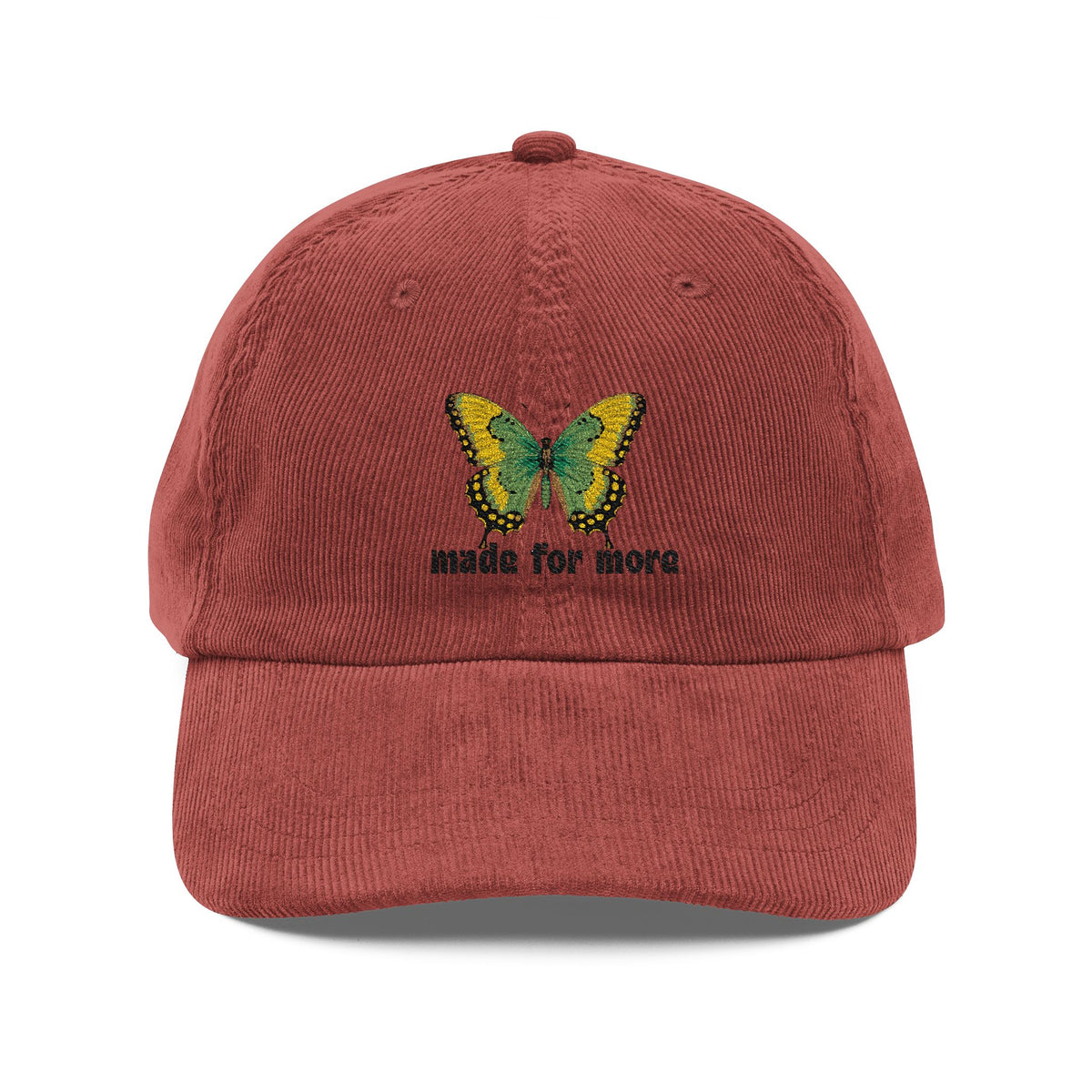 Vintage Corduroy Cap — Embroidered Butterfly "Made for More" | Retro Casual Hat