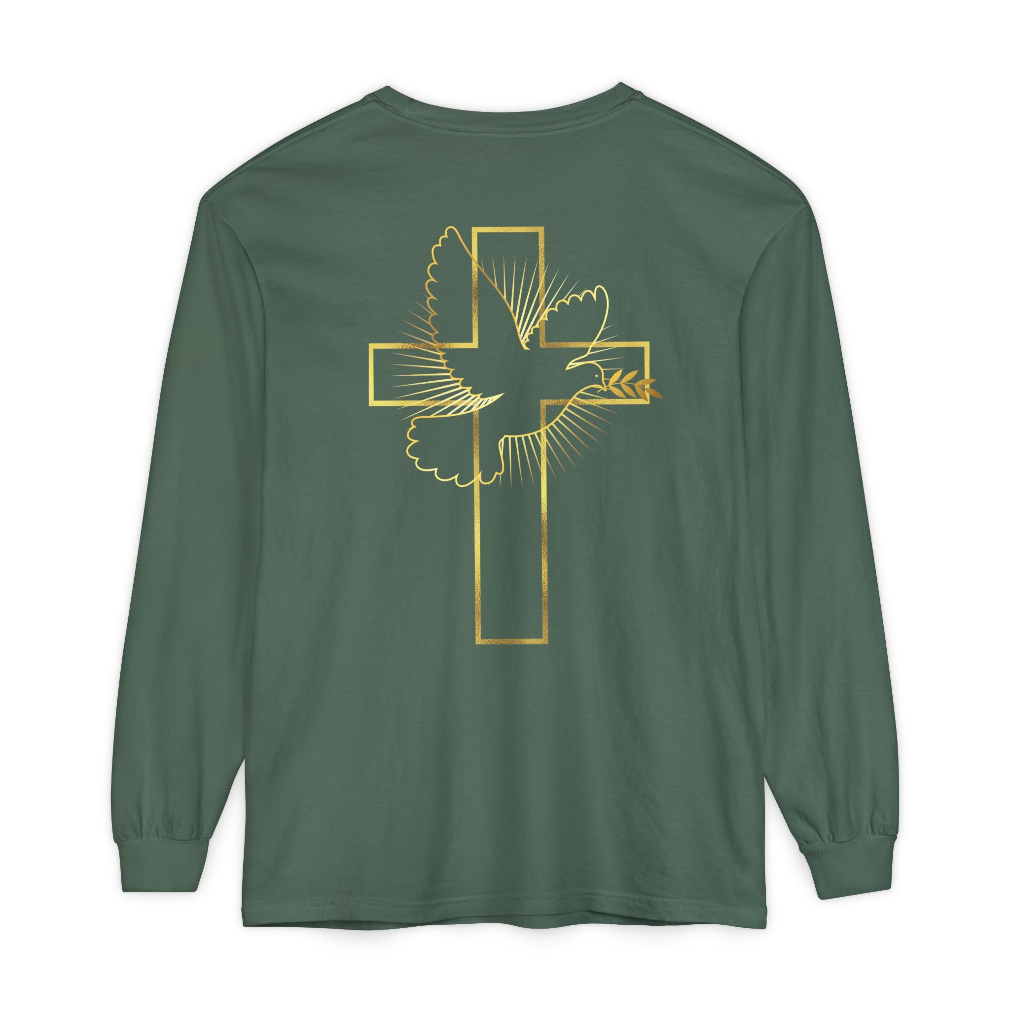 Christian Cross Long Sleeve Tee — Gold Foil Faith Design