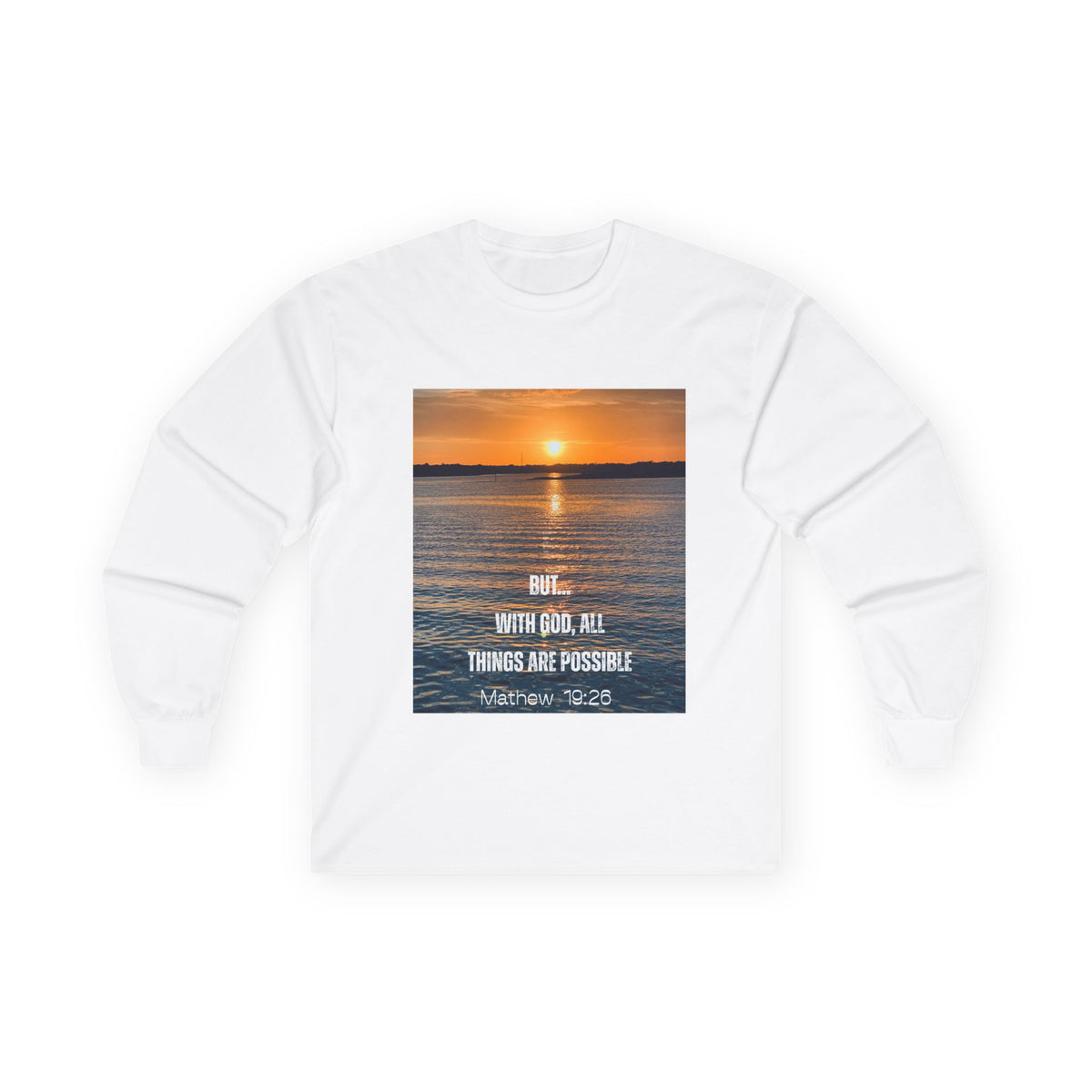 Sunset Faith Long Sleeve Tee — "With God All Things Are Possible" Inspirational Christian Shirt