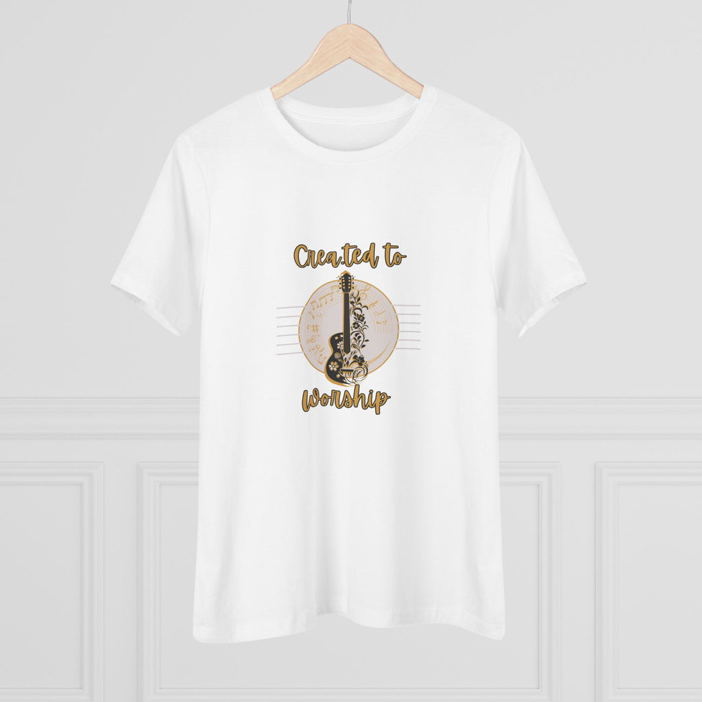 Women's Tee — "Created to Worship" Floral Guitar Christian Music Shirt