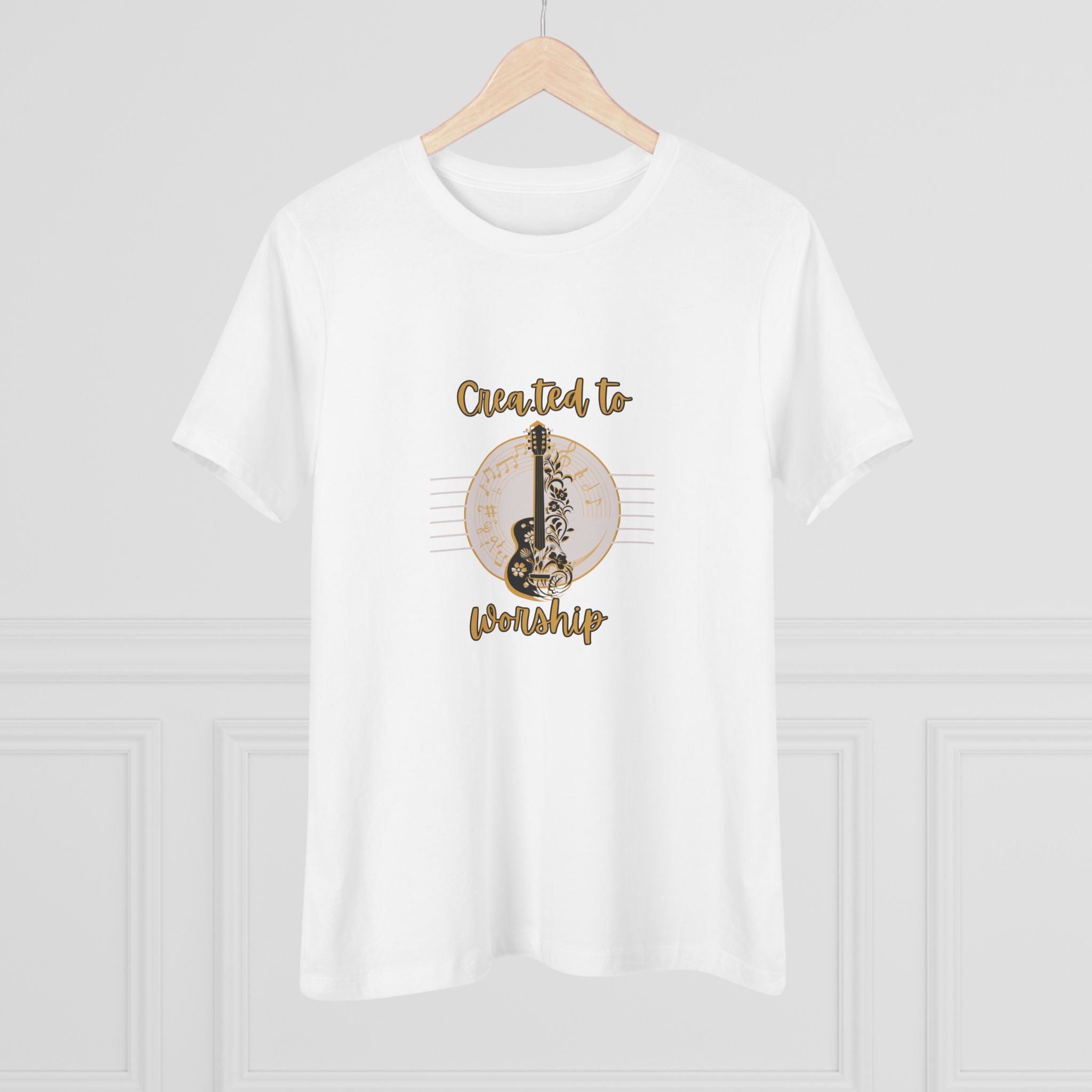 Women's Tee — "Created to Worship" Floral Guitar Christian Music Shirt